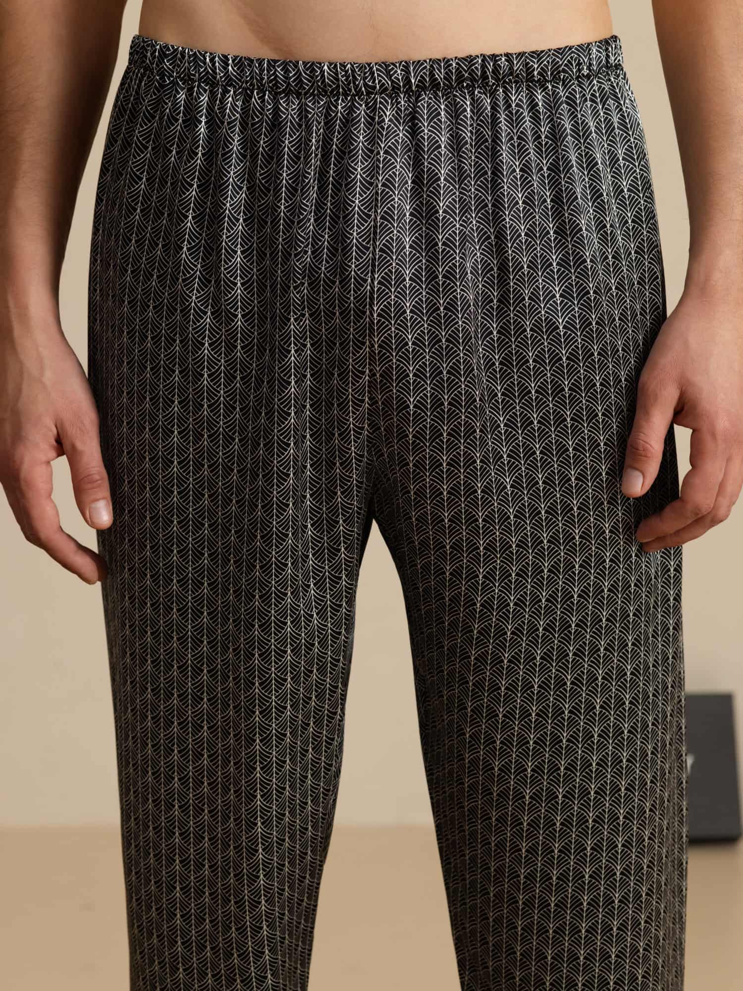 Pantalones De Dormir De Seda Pura Ginkgo Azul Marino Para Hombre Con Cintura Elástica - Image 8