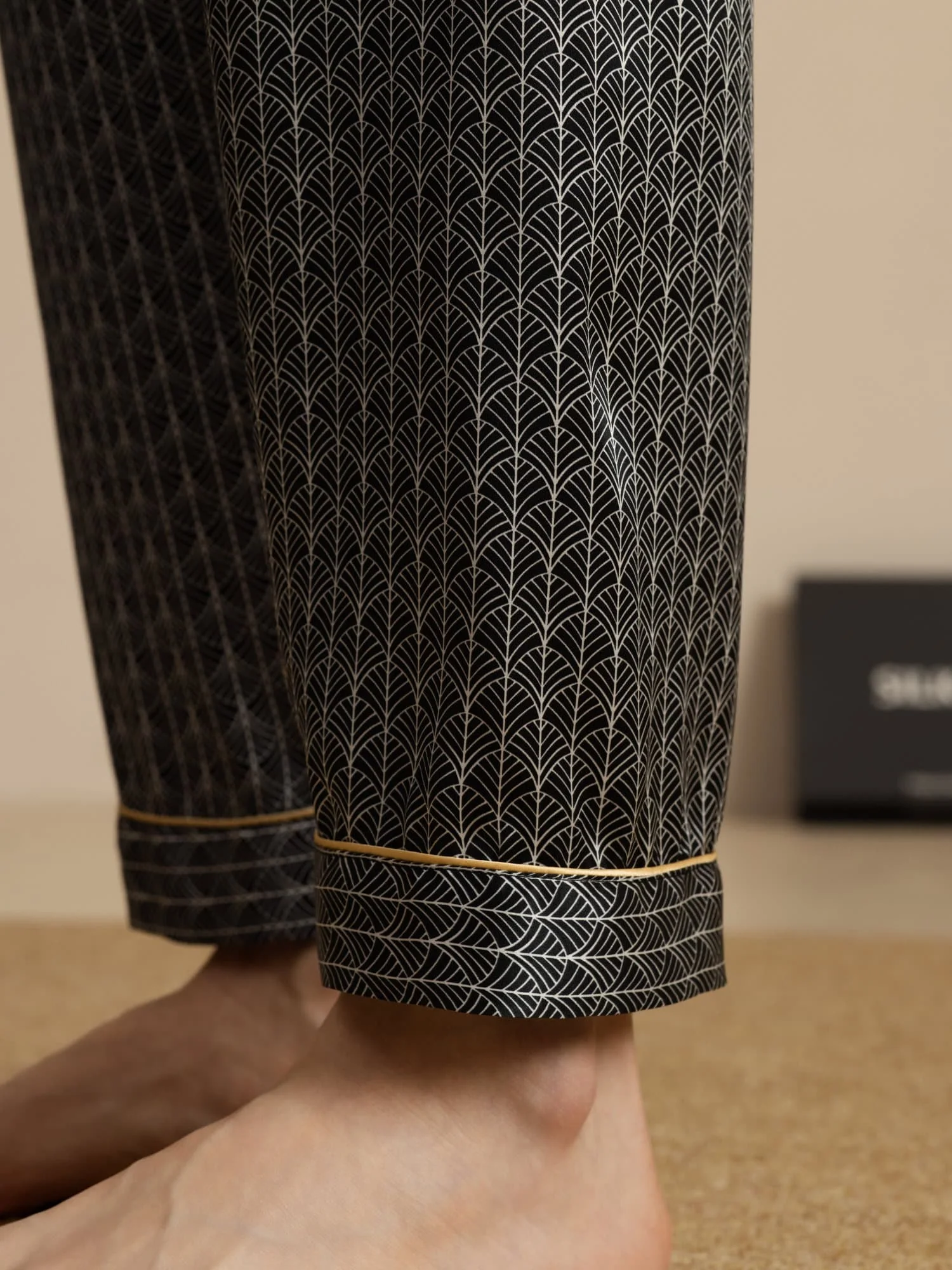 Pantalones De Dormir De Seda Pura Ginkgo Azul Marino Para Hombre Con Cintura Elástica - Image 9