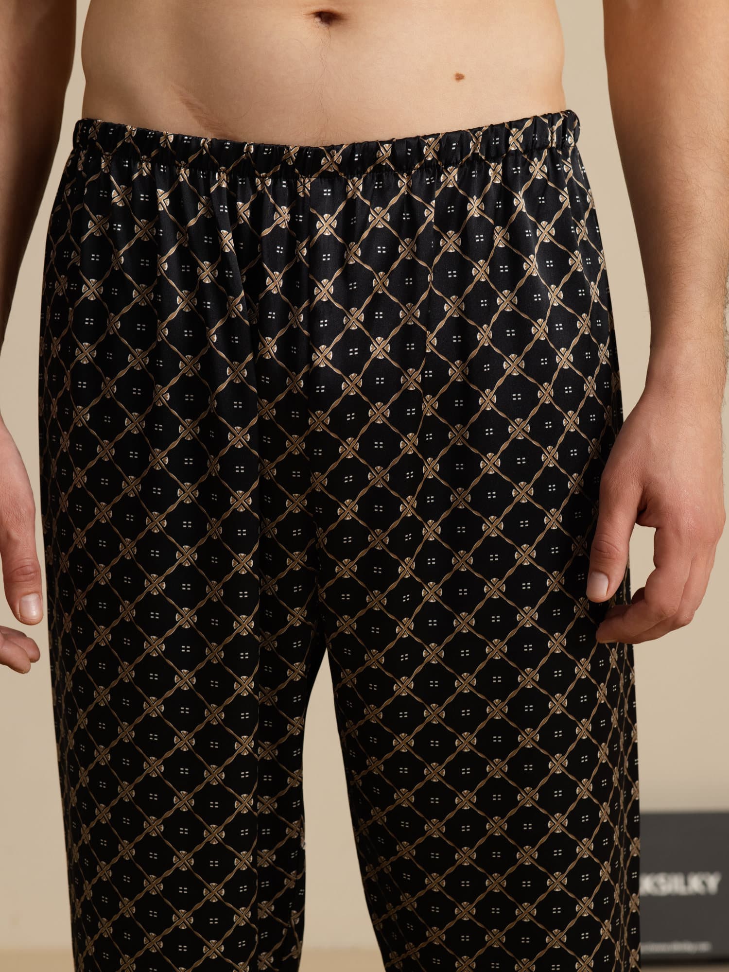 Pantalones De Dormir Para Hombre De Seda Pura Con Estampado De Cadenas Azul Marino Y Cintura Elástica - Image 10