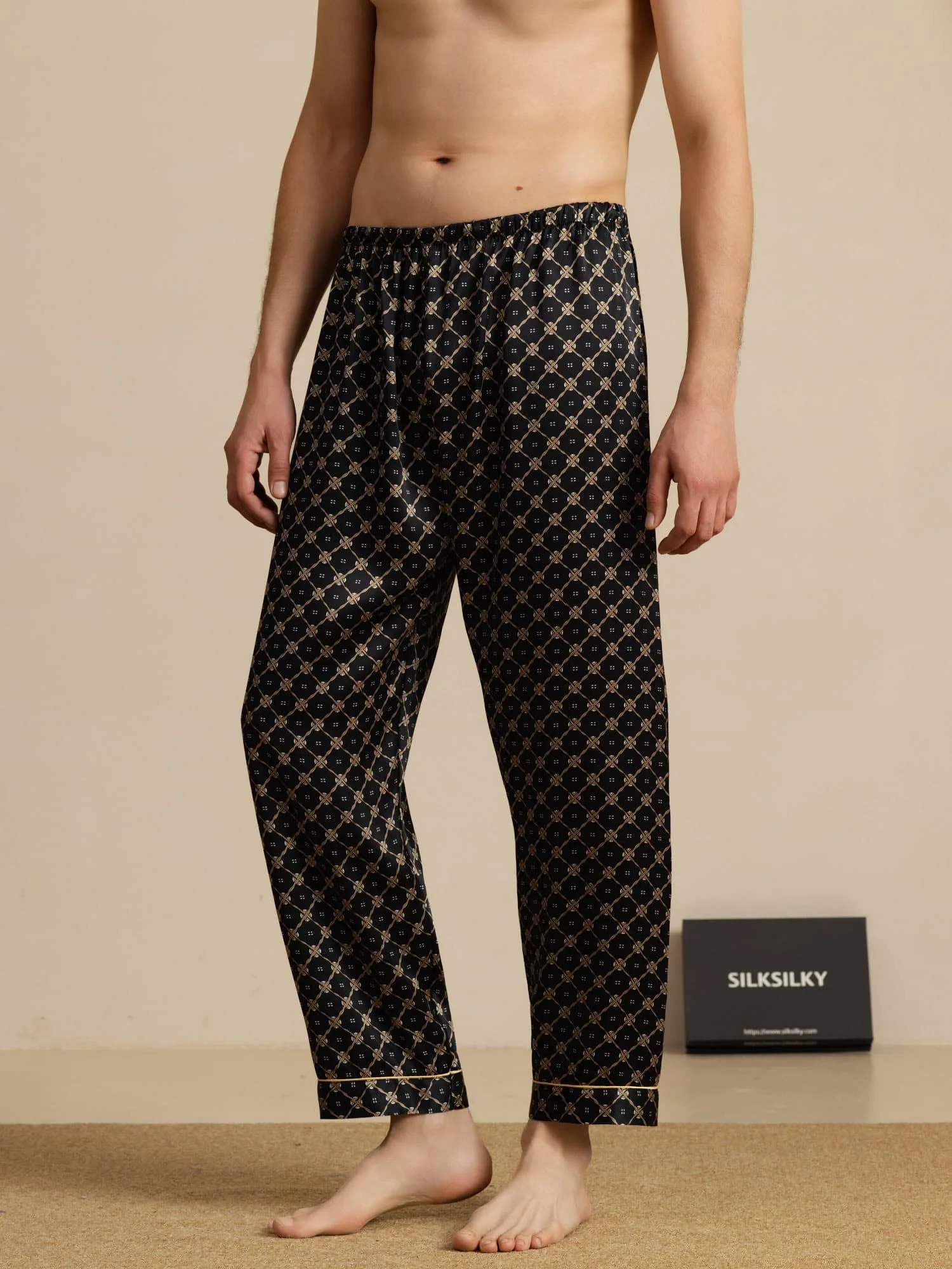 Pantalones De Dormir Para Hombre De Seda Pura Con Estampado De Cadenas Azul Marino Y Cintura Elástica - Image 7