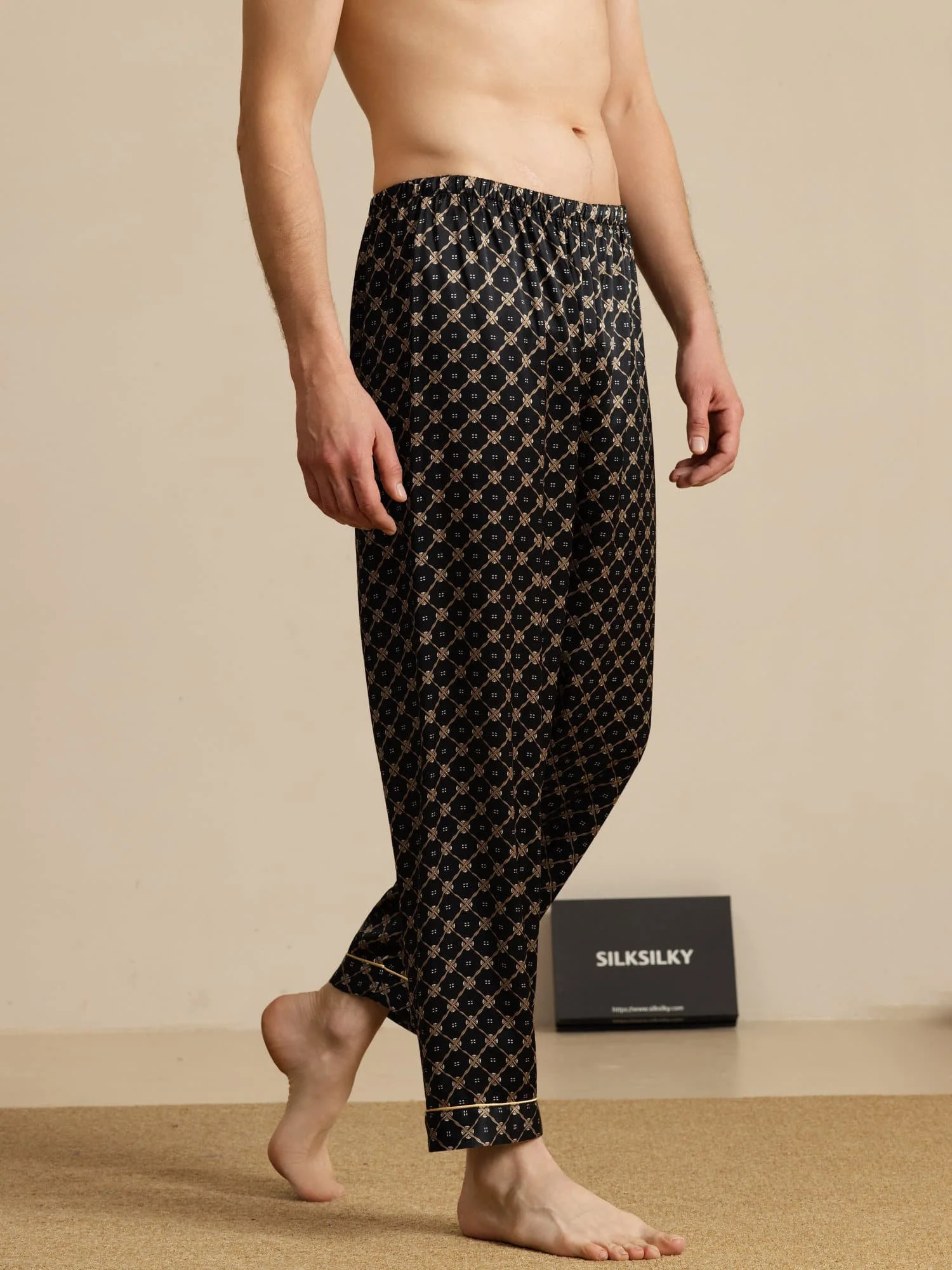 Pantalones De Dormir Para Hombre De Seda Pura Con Estampado De Cadenas Azul Marino Y Cintura Elástica - Image 9