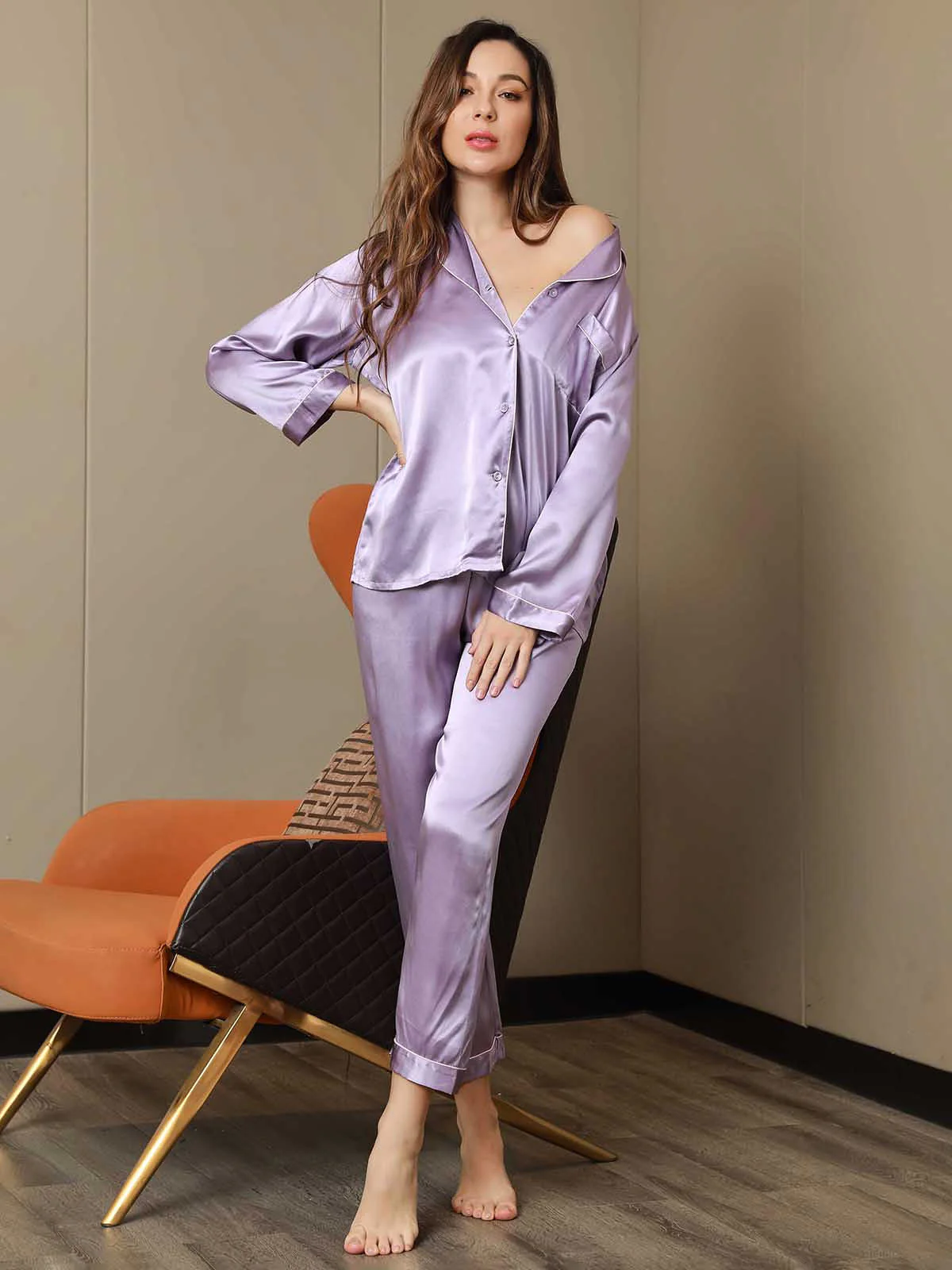 Pijama de Mujer de Seda Pura con Manga Larga y Cuello de Solapas - Image 69
