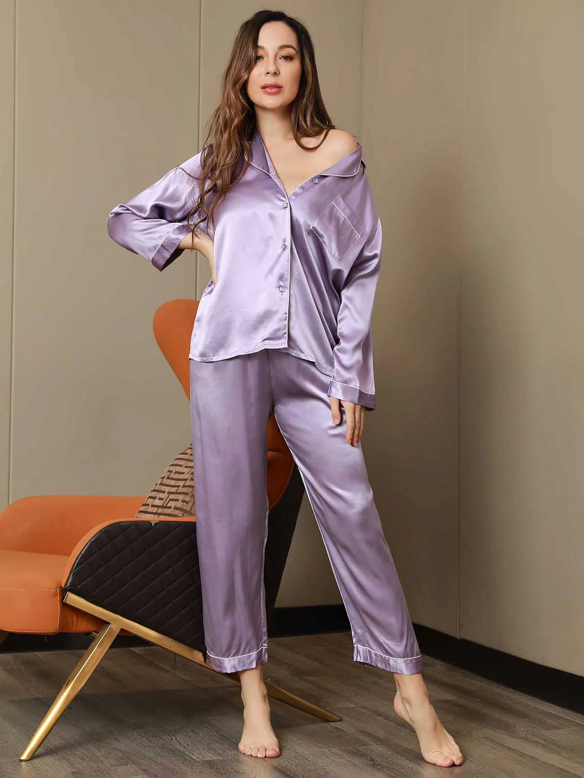 Pijama de Mujer de Seda Pura con Manga Larga y Cuello de Solapas - Image 70