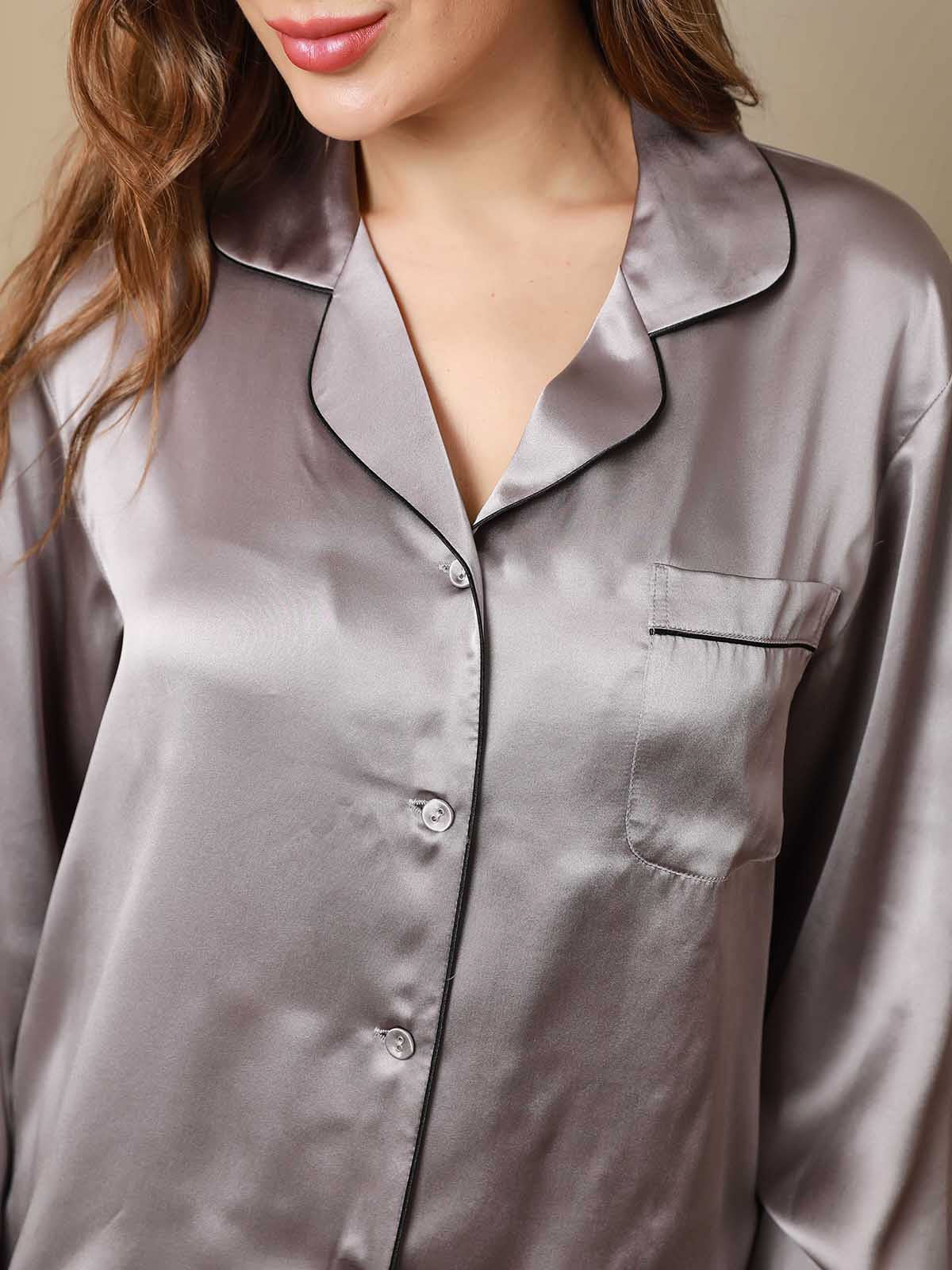 Pijama de Mujer de Seda Pura con Manga Larga y Cuello de Solapas - Image 93