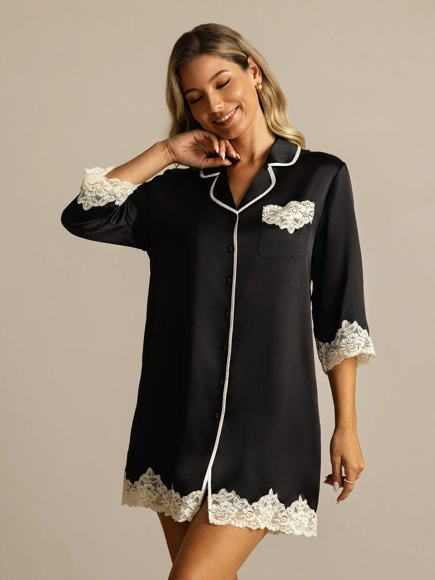 Camisón de Pura Seda con Botones y Diseño de Encaje - Image 18