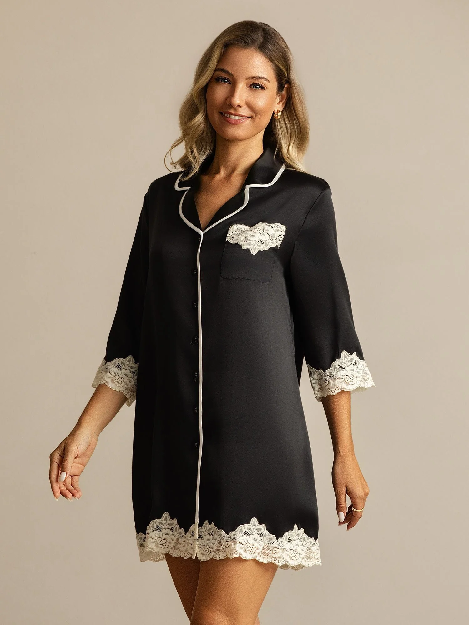 Camisón de Pura Seda con Botones y Diseño de Encaje - Image 24