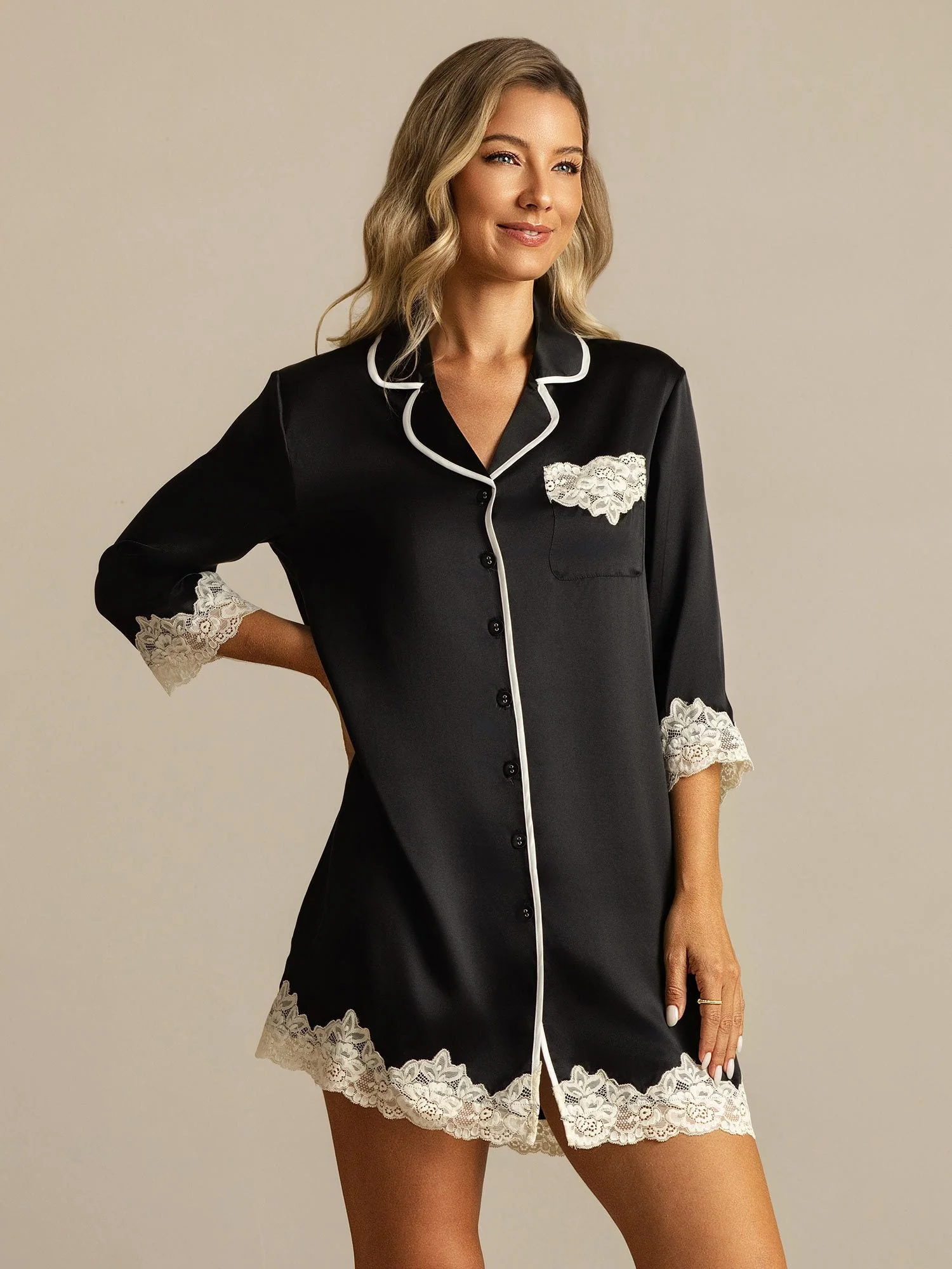Camisón de Pura Seda con Botones y Diseño de Encaje - Image 25