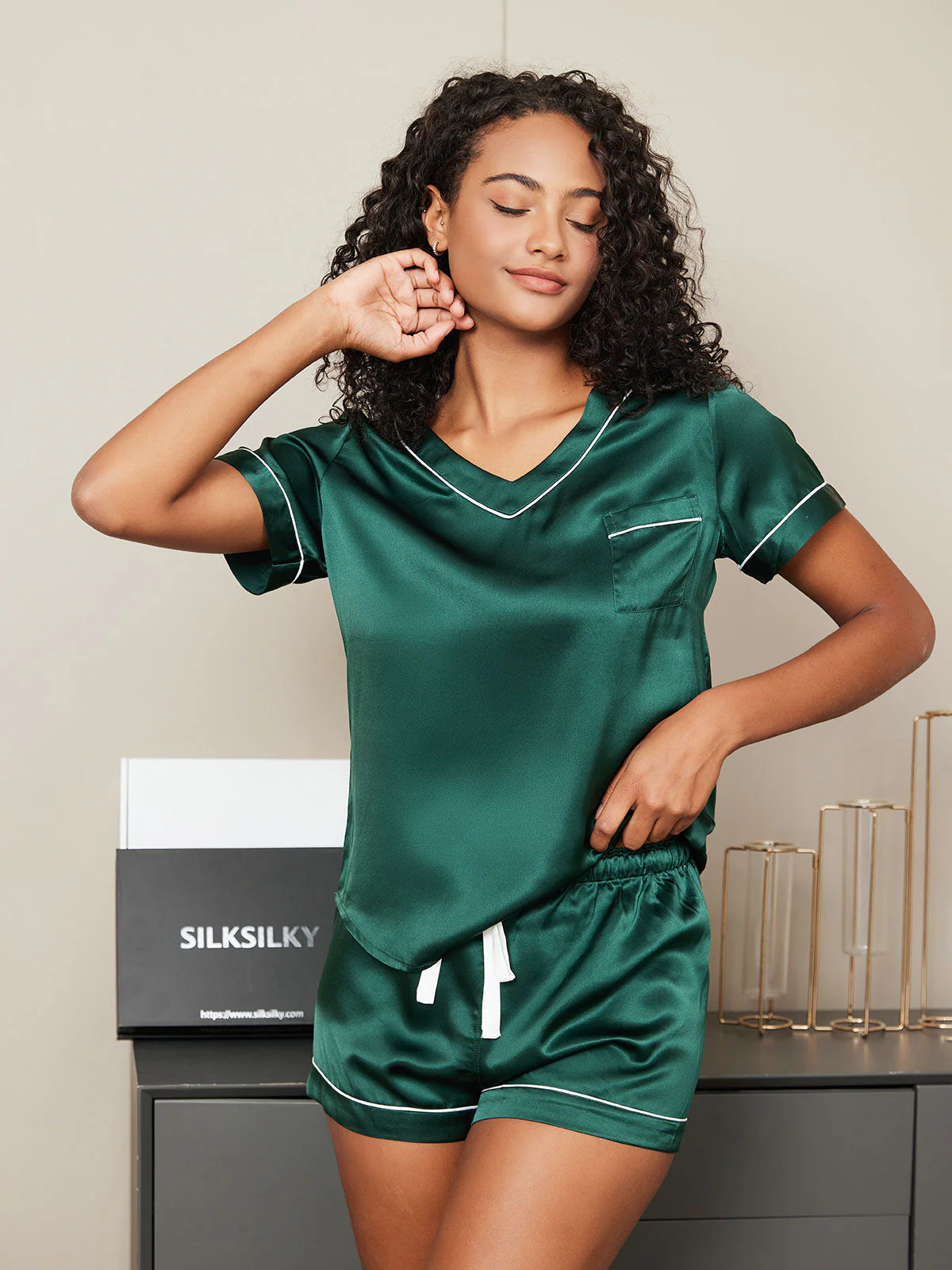 Conjunto de pijama de manga corta de pura seda - Image 12