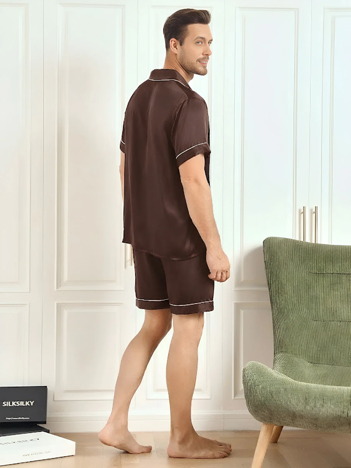 Pijama De Hombre De Pura Seda Con Mangas Cortas Cuello Solapa Y Shorts - Image 26