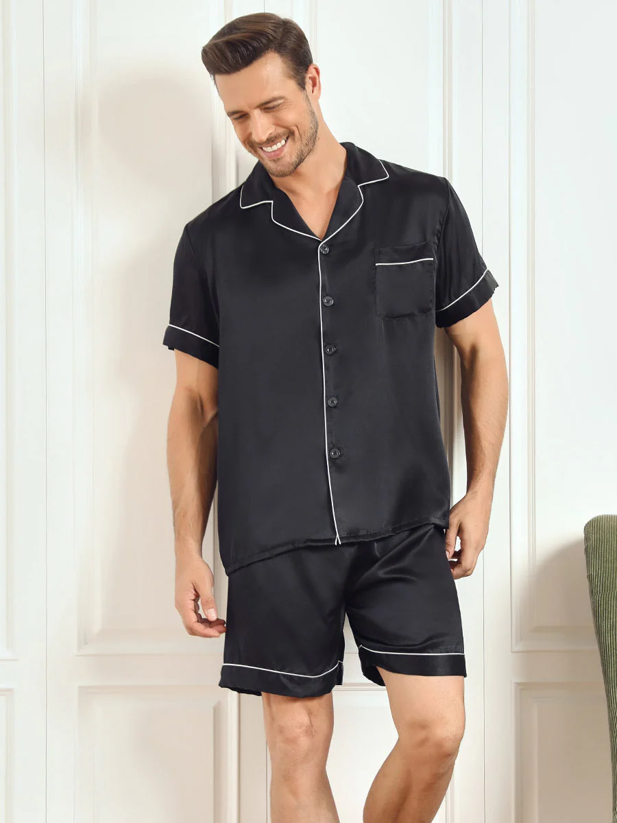 Pijama De Hombre De Pura Seda Con Mangas Cortas Cuello Solapa Y Shorts - Image 6