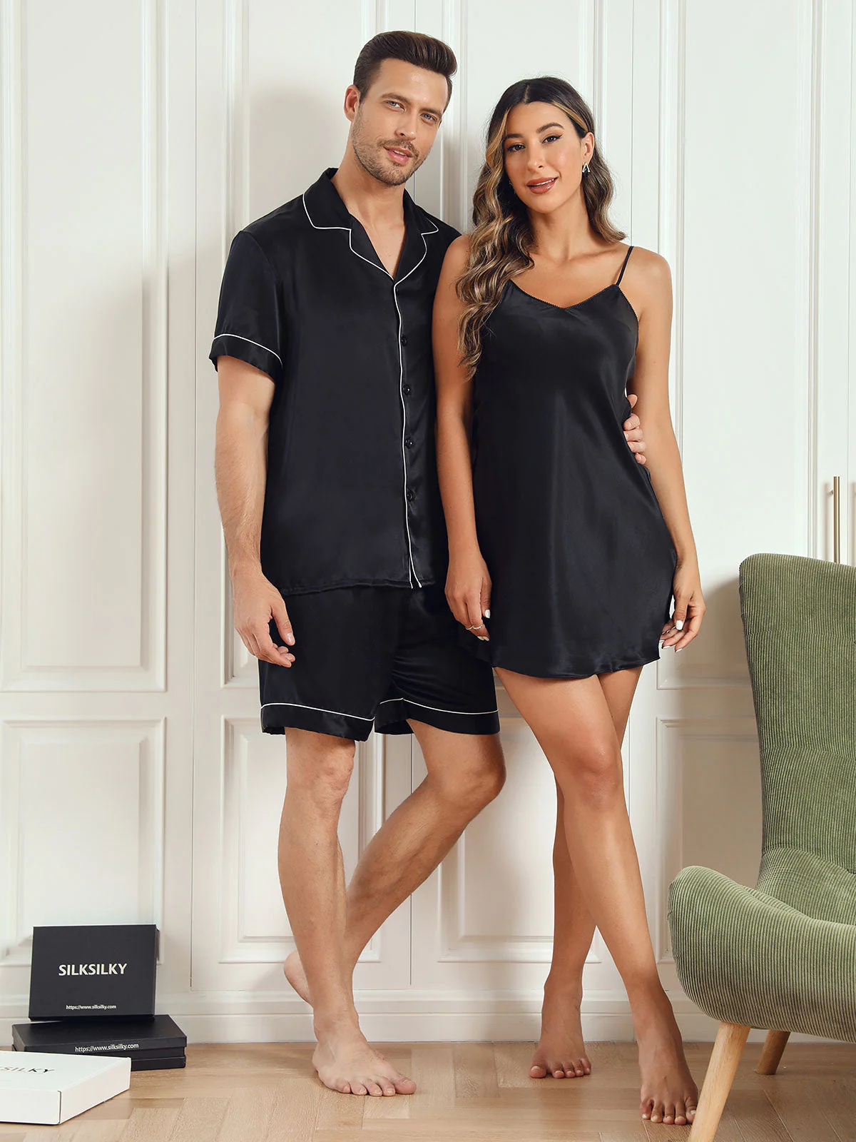 Conjunto de Pijama Corto y Camisón de Pareja de Seda Pura - Image 9
