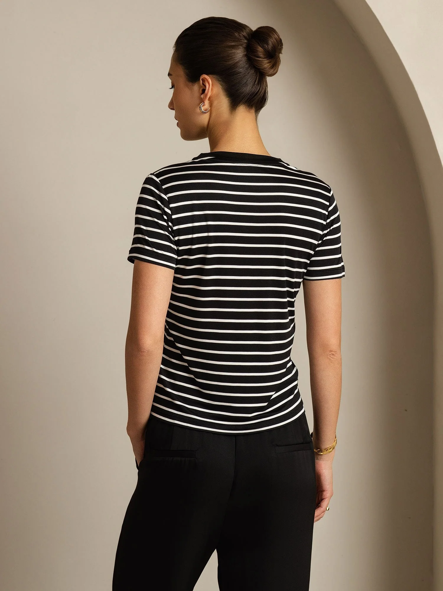 Camiseta Mujer Seda Pura Cuello Redondo Manga Corta Estampado Deportivo A Rayas - Image 10