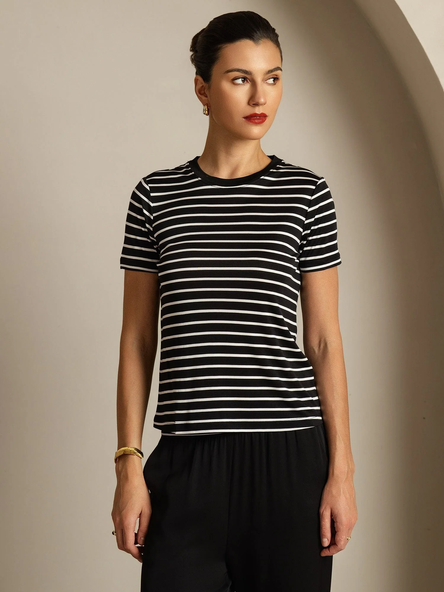 Camiseta Mujer Seda Pura Cuello Redondo Manga Corta Estampado Deportivo A Rayas - Image 11