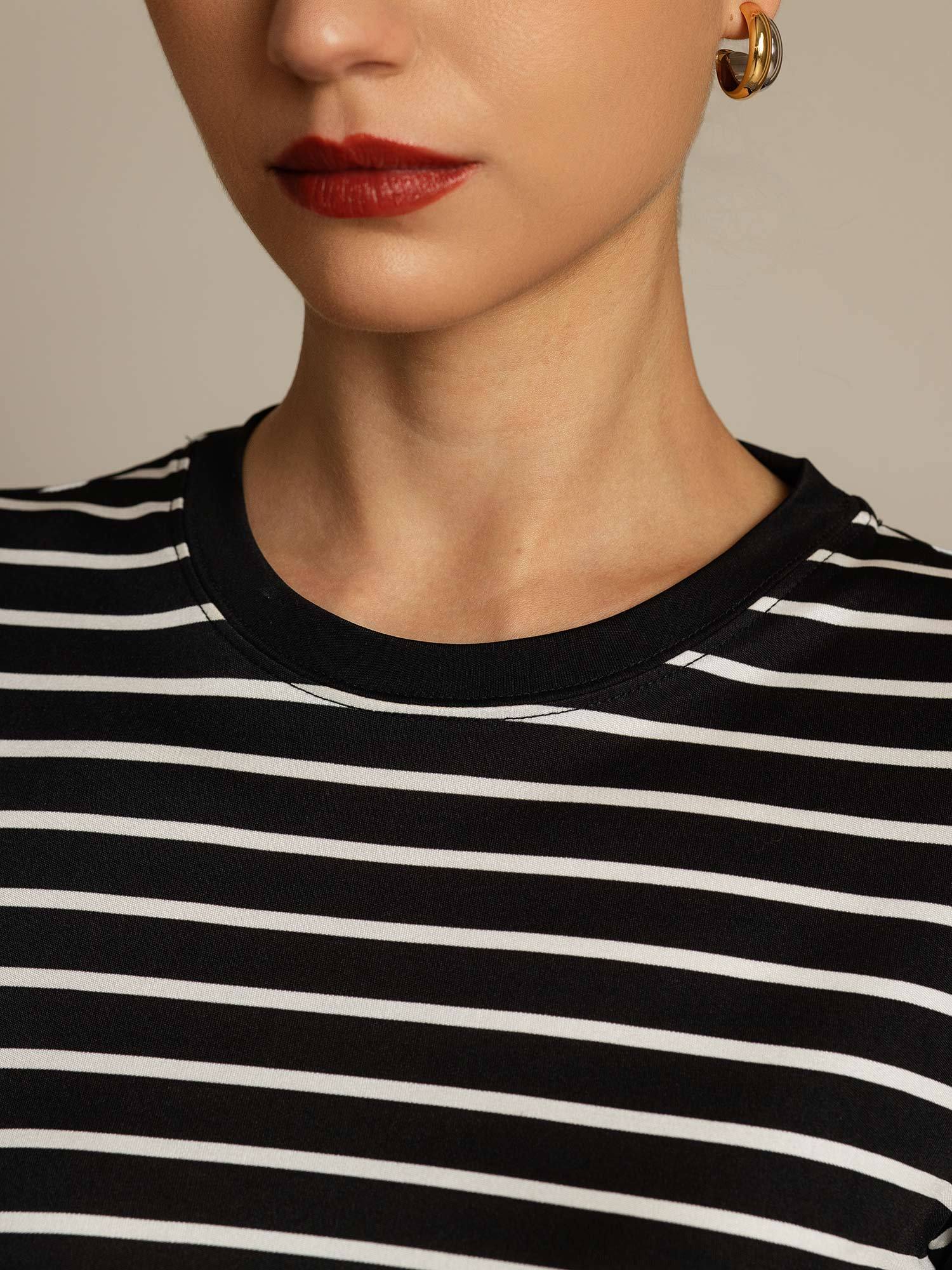 Camiseta Mujer Seda Pura Cuello Redondo Manga Corta Estampado Deportivo A Rayas - Image 12