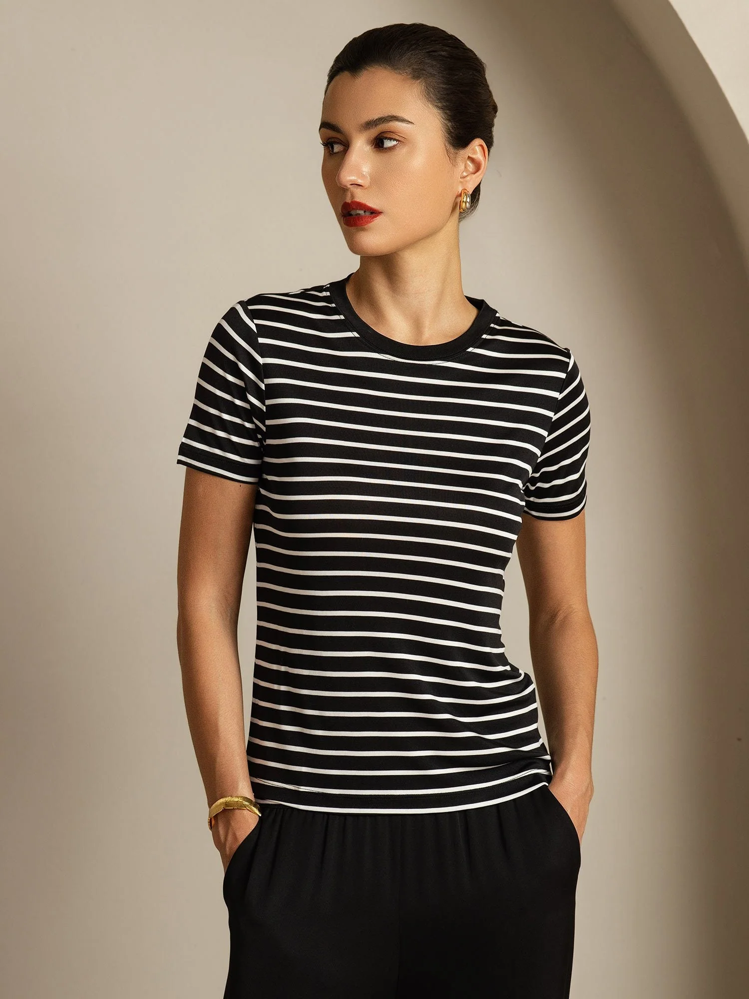Camiseta Mujer Seda Pura Cuello Redondo Manga Corta Estampado Deportivo A Rayas - Image 9