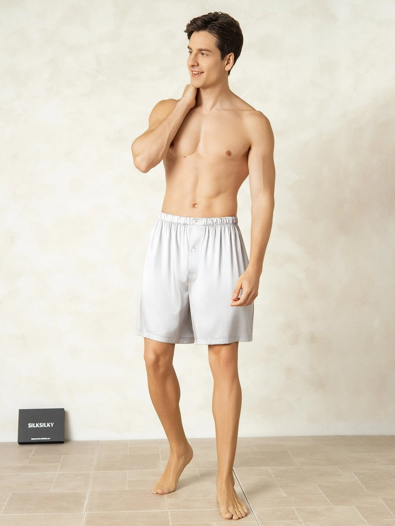 Pura Seda Cintura Elástica Pantalones Cortos De Dormir Para Hombre - Image 22