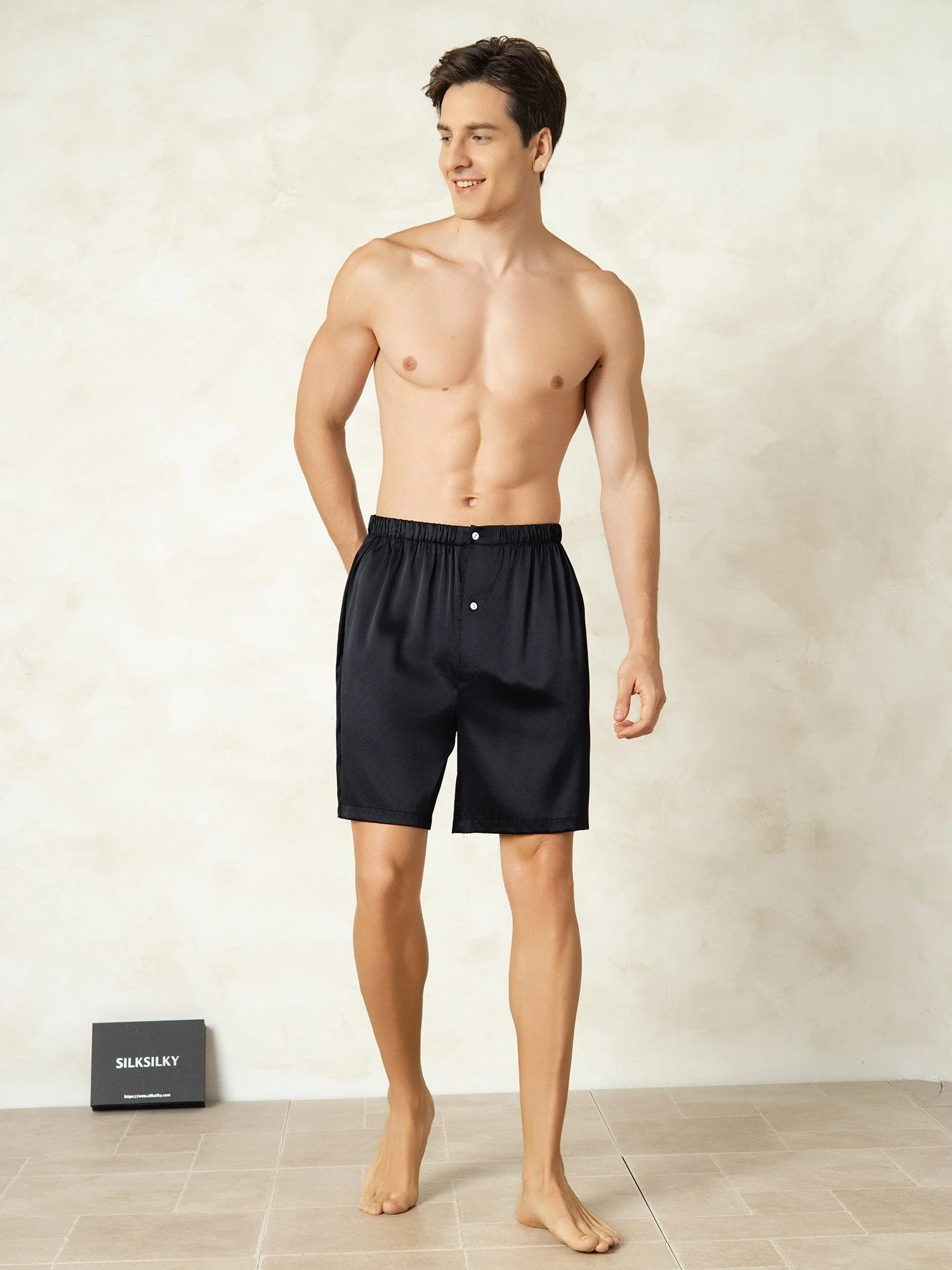 Pura Seda Cintura Elástica Pantalones Cortos De Dormir Para Hombre - Image 3