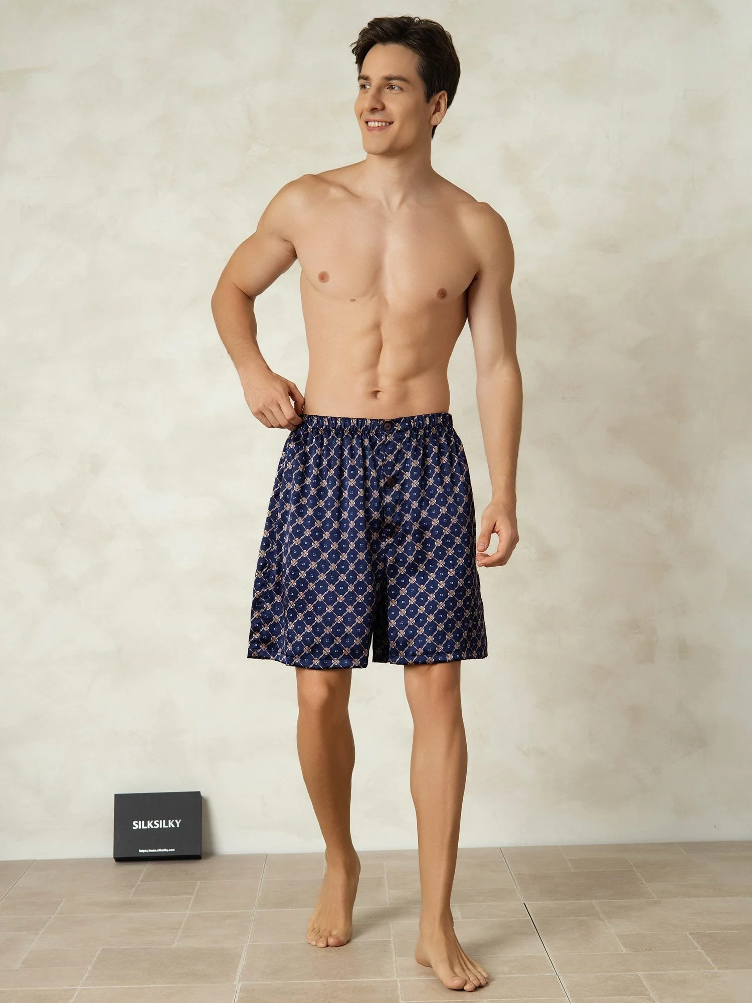 Pantalones Cortos De Seda Para Hombre Con Cintura Elástica E Imprimé Cadena Azul Marino - Image 3