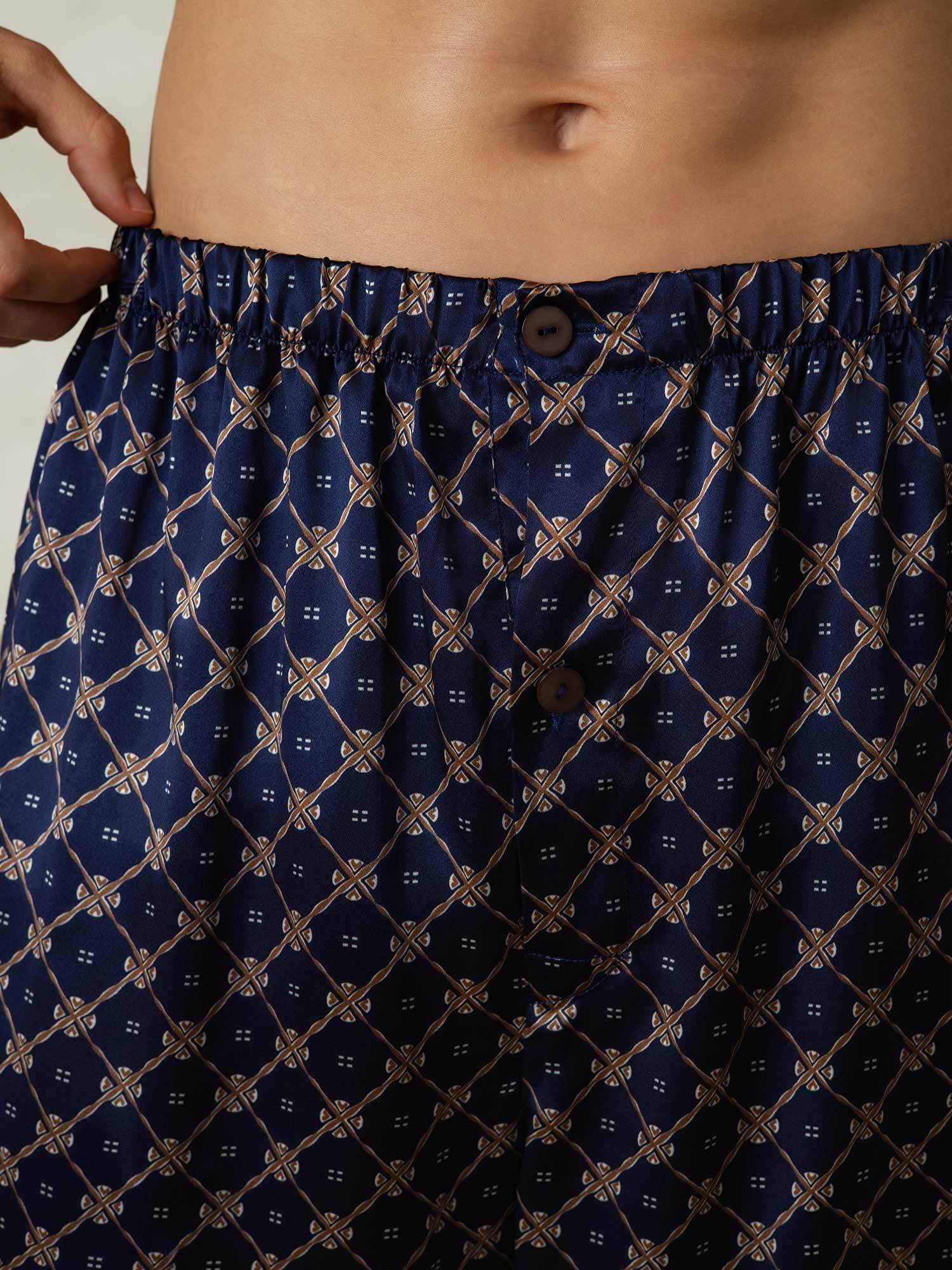 Pantalones Cortos De Seda Para Hombre Con Cintura Elástica E Imprimé Cadena Azul Marino - Image 6