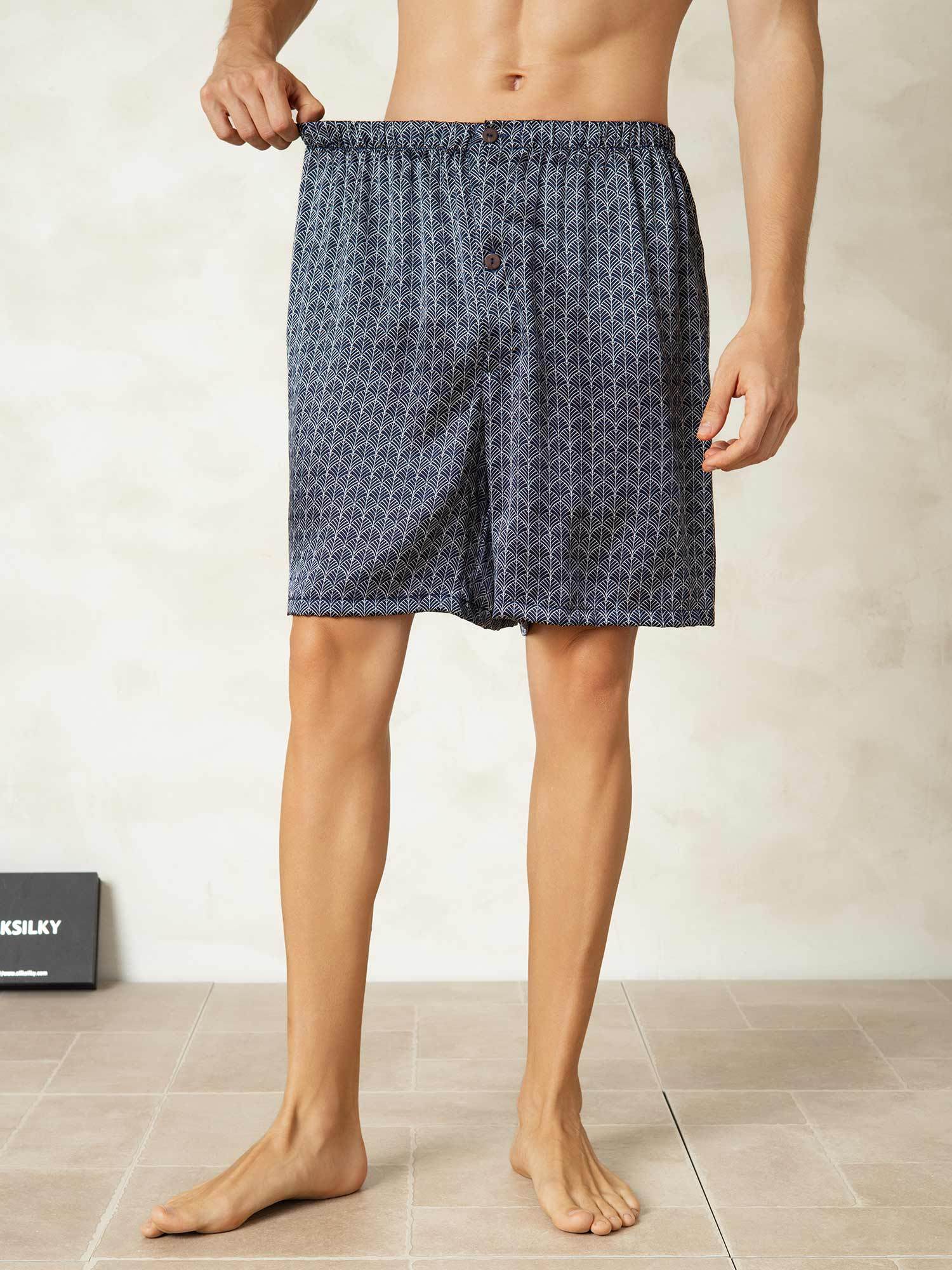 Seda Pura Cintura Elástica Navy Estampado Ginkgo Pijamas Cortos Para Hombre - Image 5
