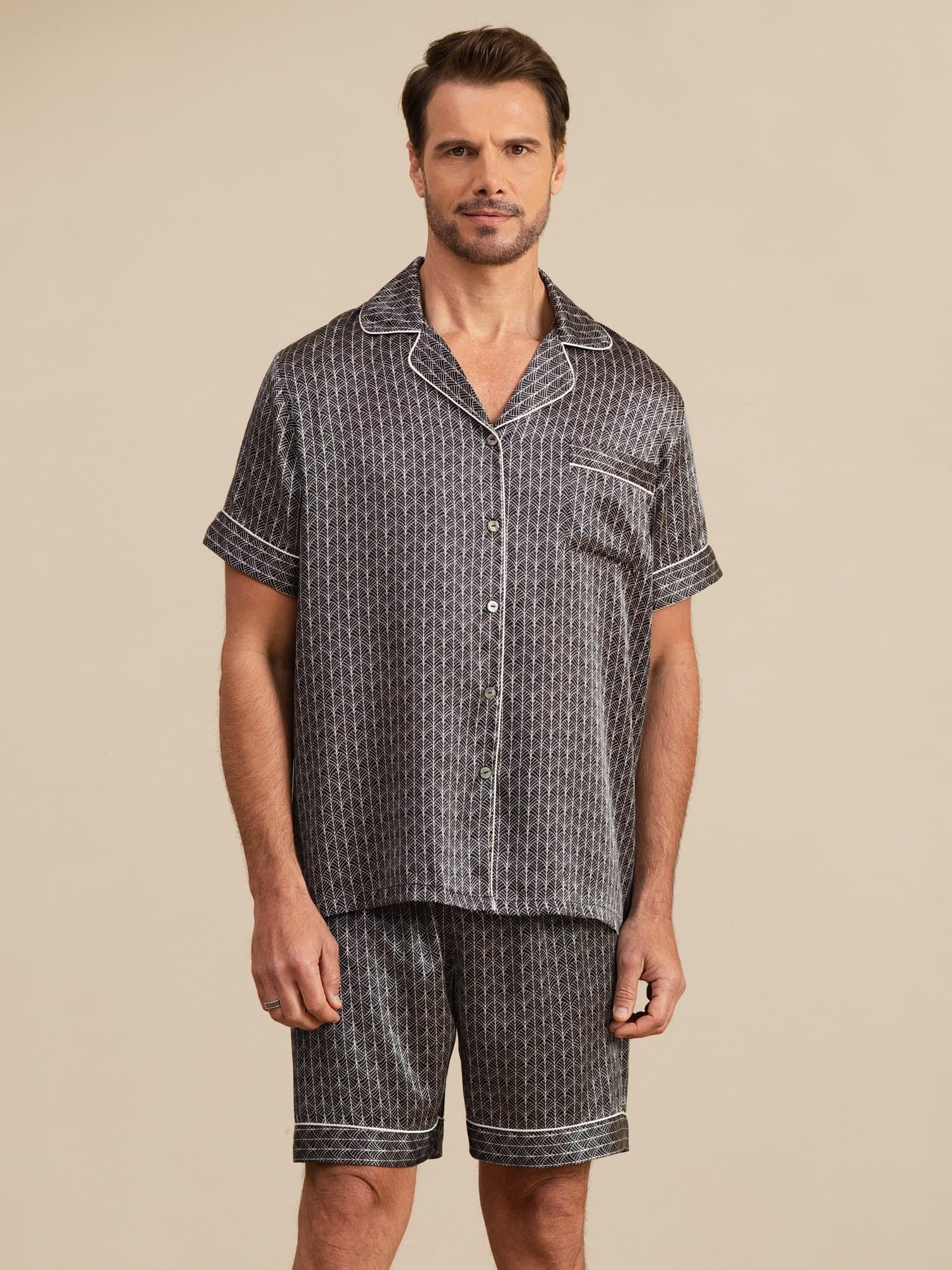 Pijama De Hombre De Seda Pura Azul Marino Con Estampado De Ginkgo De Manga Corta Y Cuello Con Solapa - Image 14