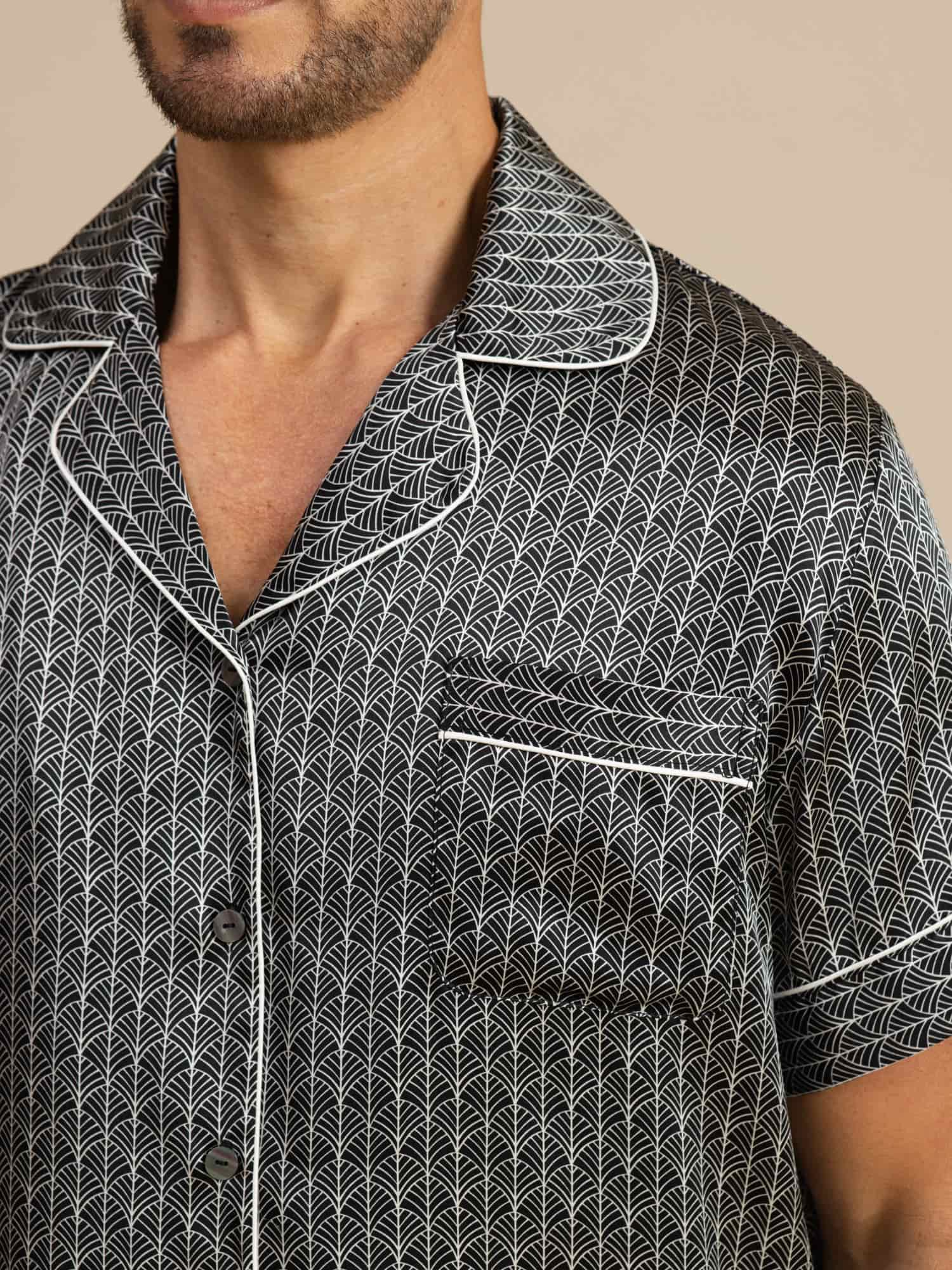 Pijama De Hombre De Seda Pura Azul Marino Con Estampado De Ginkgo De Manga Corta Y Cuello Con Solapa - Image 16