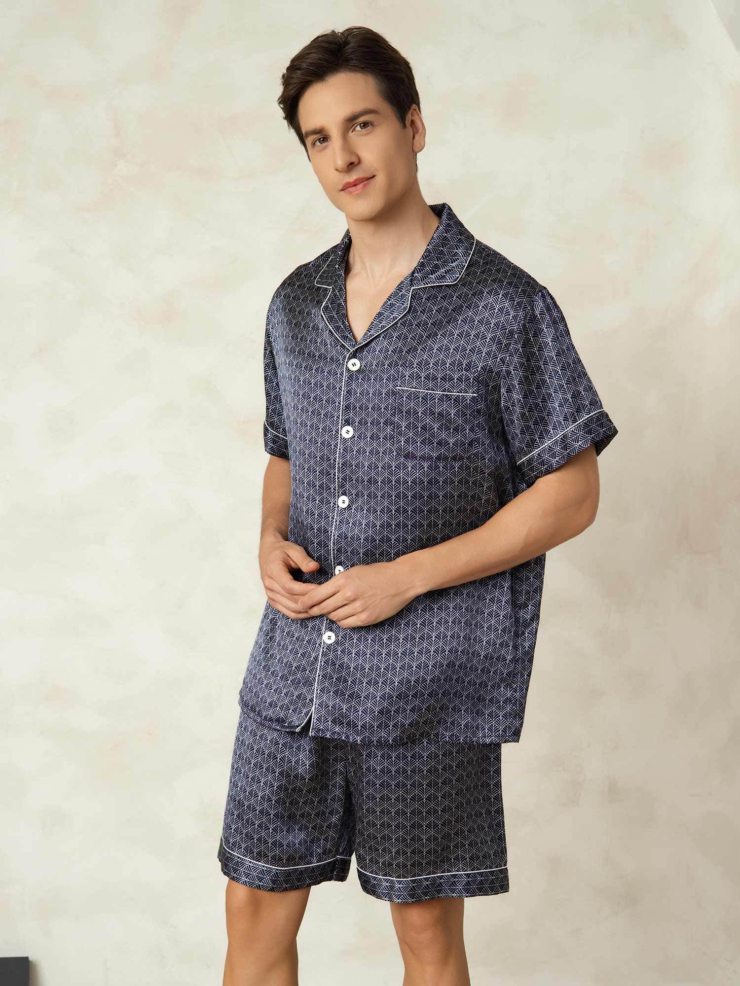 Pijama De Hombre De Seda Pura Azul Marino Con Estampado De Ginkgo De Manga Corta Y Cuello Con Solapa - Image 3