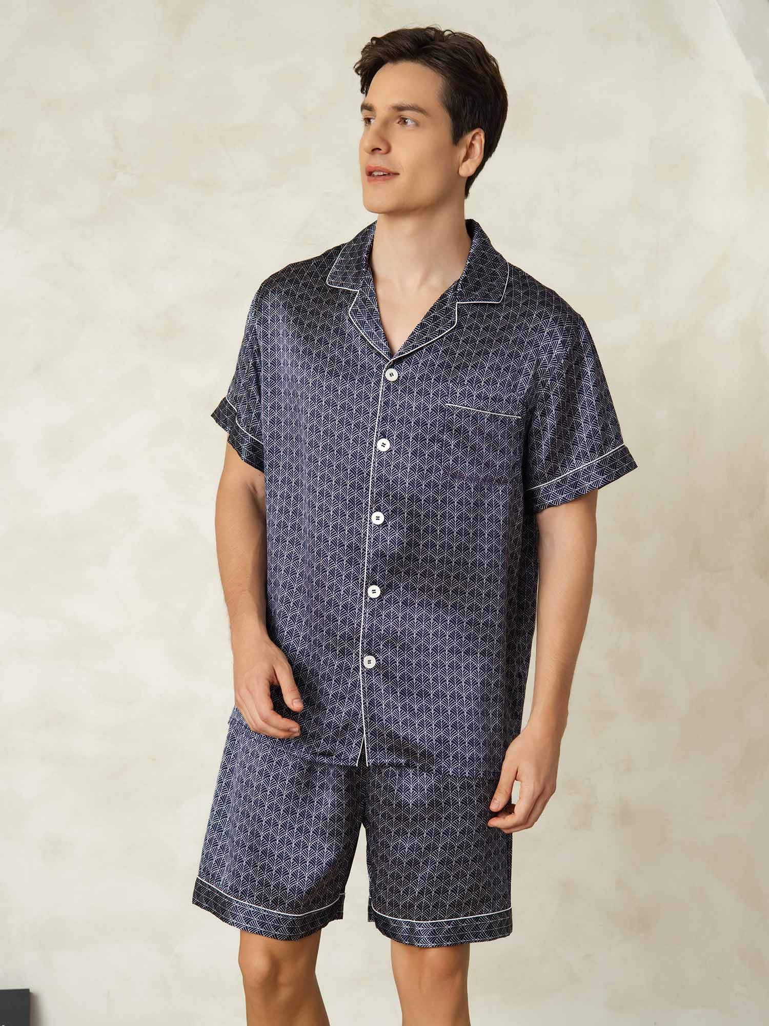Pijama De Hombre De Seda Pura Azul Marino Con Estampado De Ginkgo De Manga Corta Y Cuello Con Solapa - Image 4