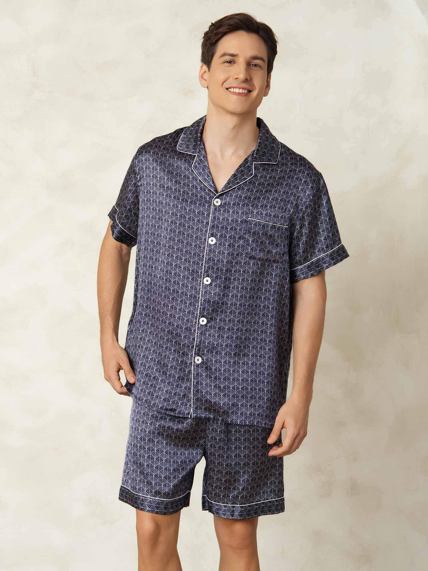 Pijama De Hombre De Seda Pura Azul Marino Con Estampado De Ginkgo De Manga Corta Y Cuello Con Solapa - Image 5