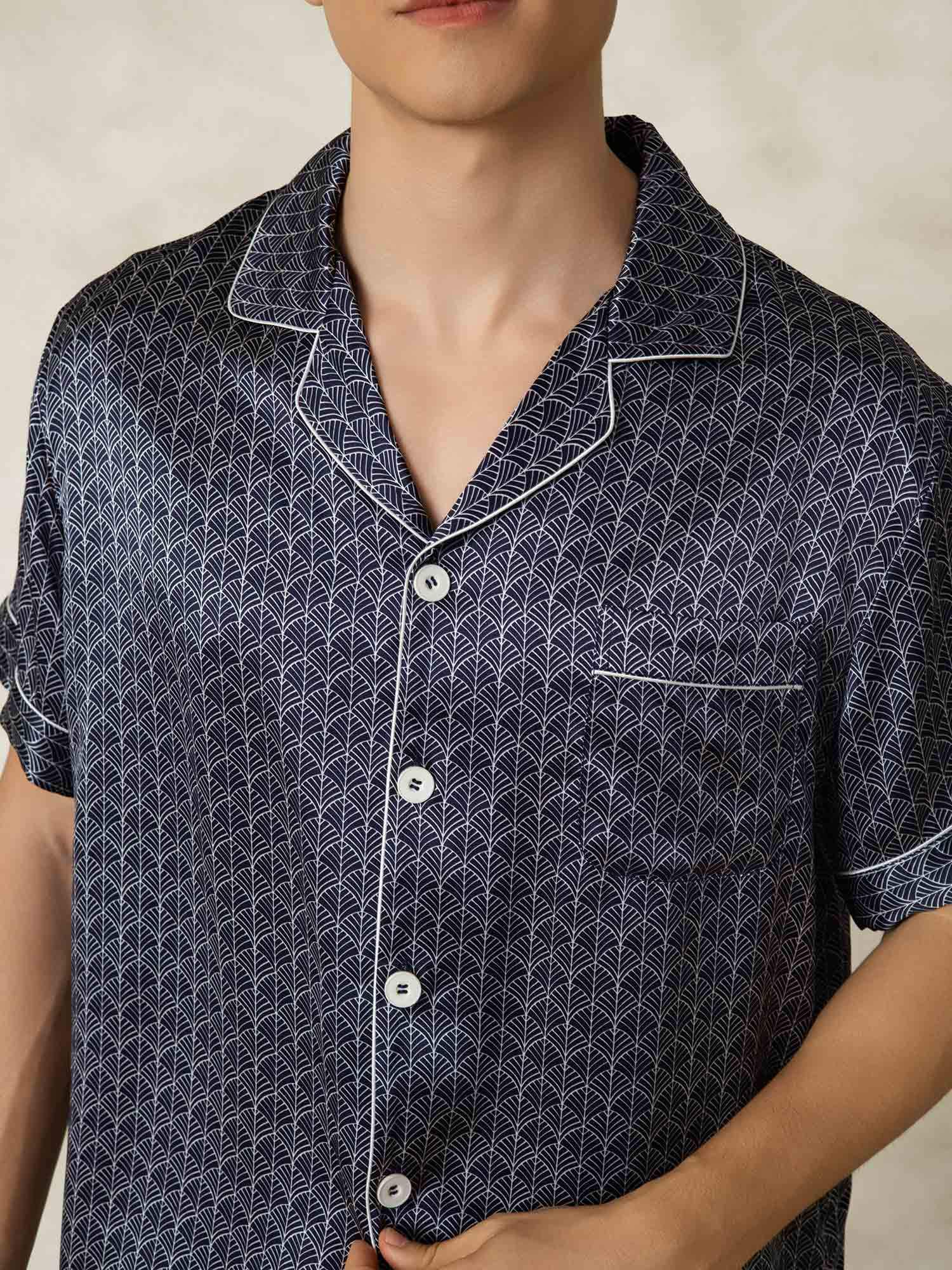 Pijama De Hombre De Seda Pura Azul Marino Con Estampado De Ginkgo De Manga Corta Y Cuello Con Solapa - Image 7