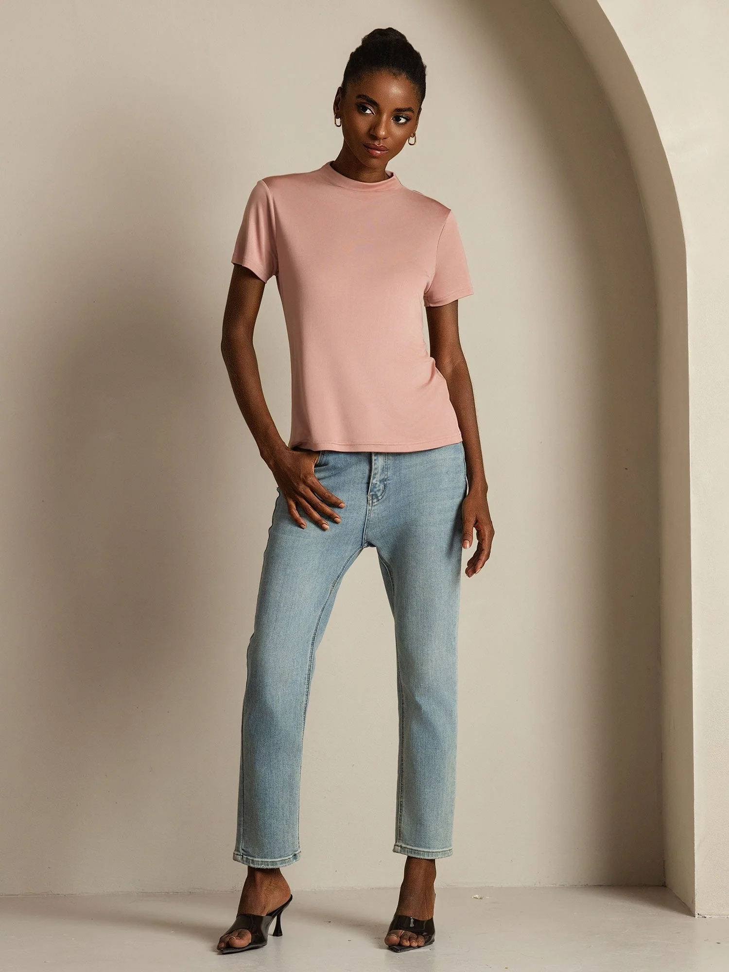 Camiseta De Mujer De Seda Pura Con Manga Corta Y Cuello Mock - Image 39