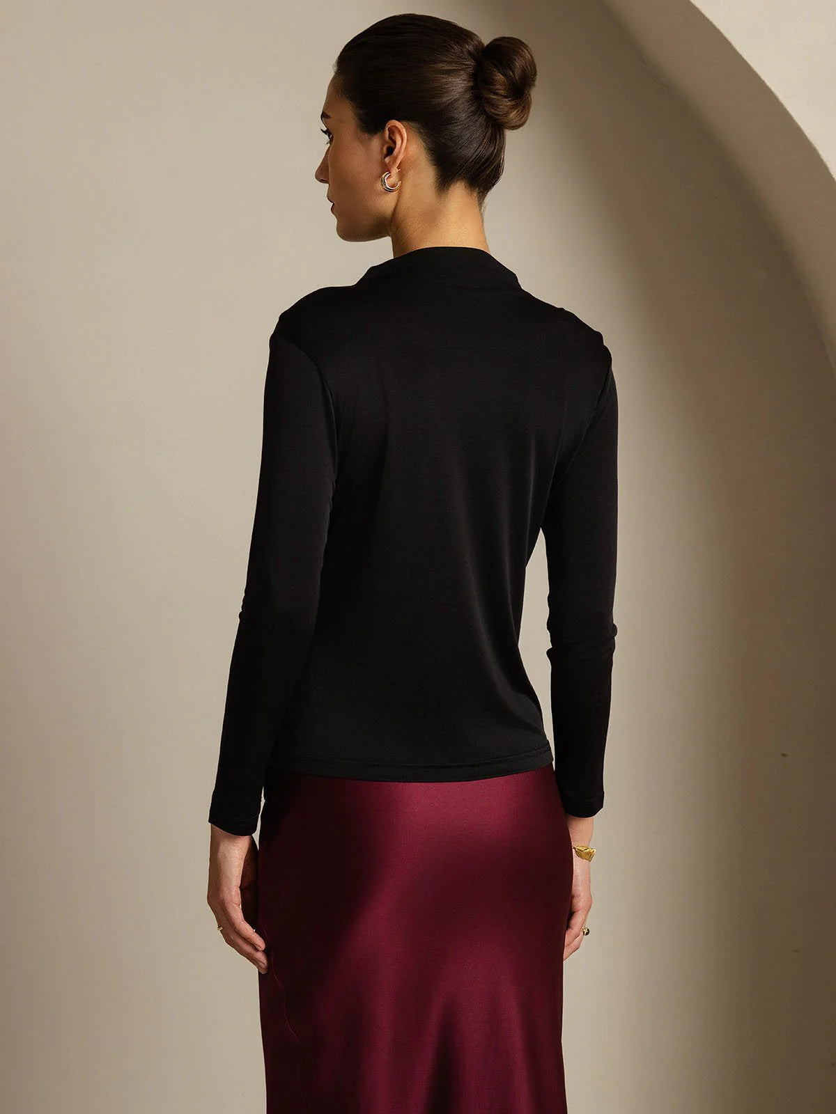 Top De Cuello Simulado De Manga Larga De Seda Pura Para Mujer - Image 11
