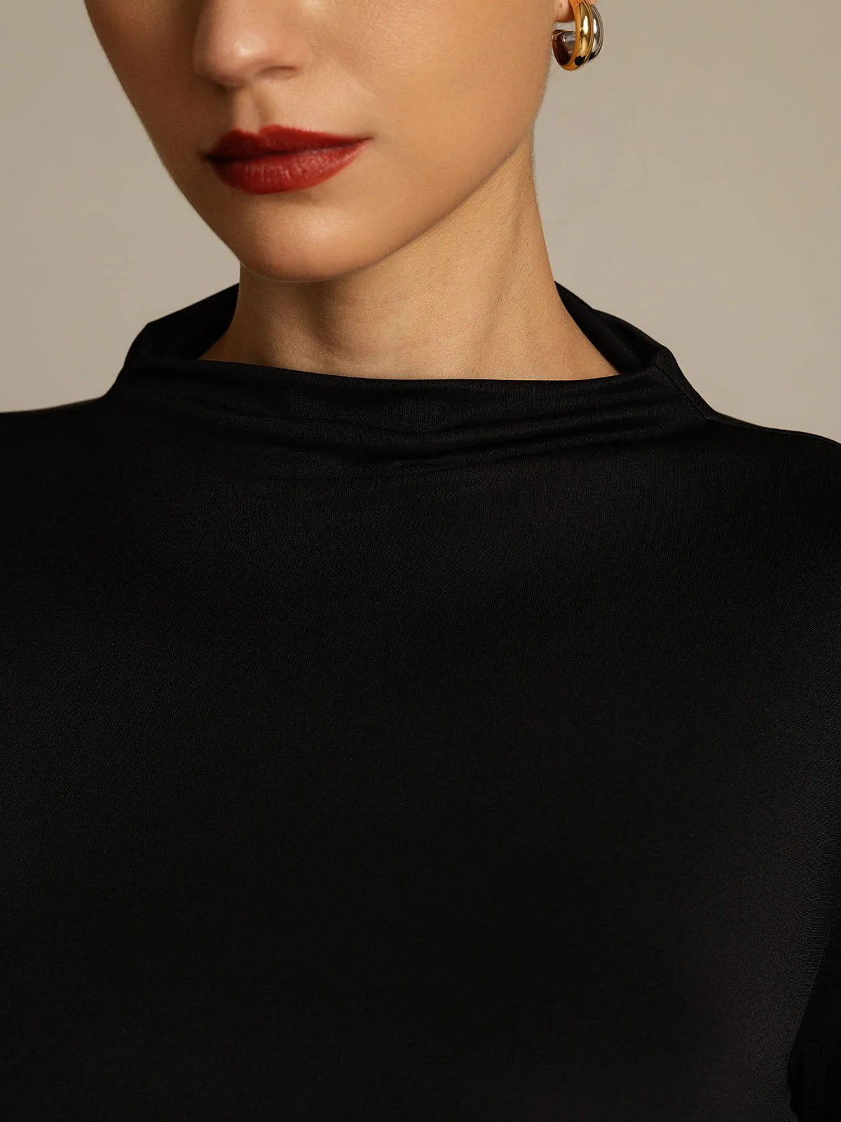 Top De Cuello Simulado De Manga Larga De Seda Pura Para Mujer - Image 13