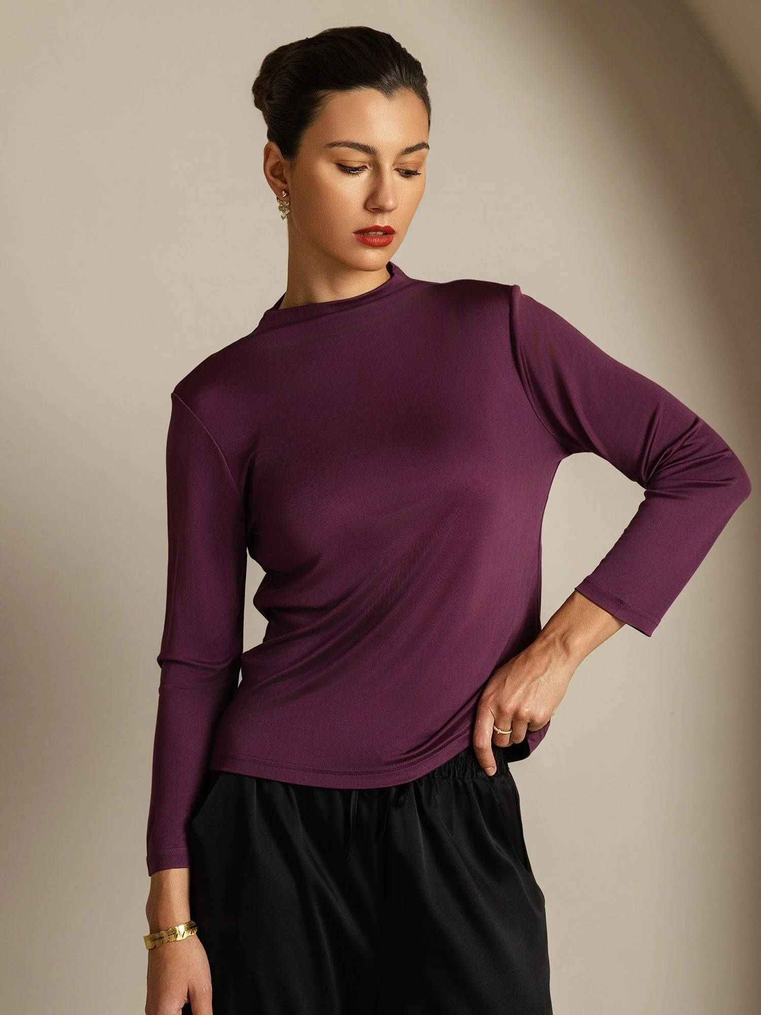 Top De Cuello Simulado De Manga Larga De Seda Pura Para Mujer - Image 3