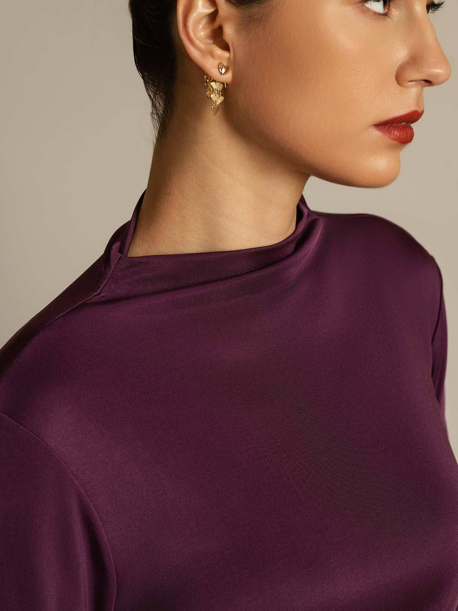 Top De Cuello Simulado De Manga Larga De Seda Pura Para Mujer - Image 4