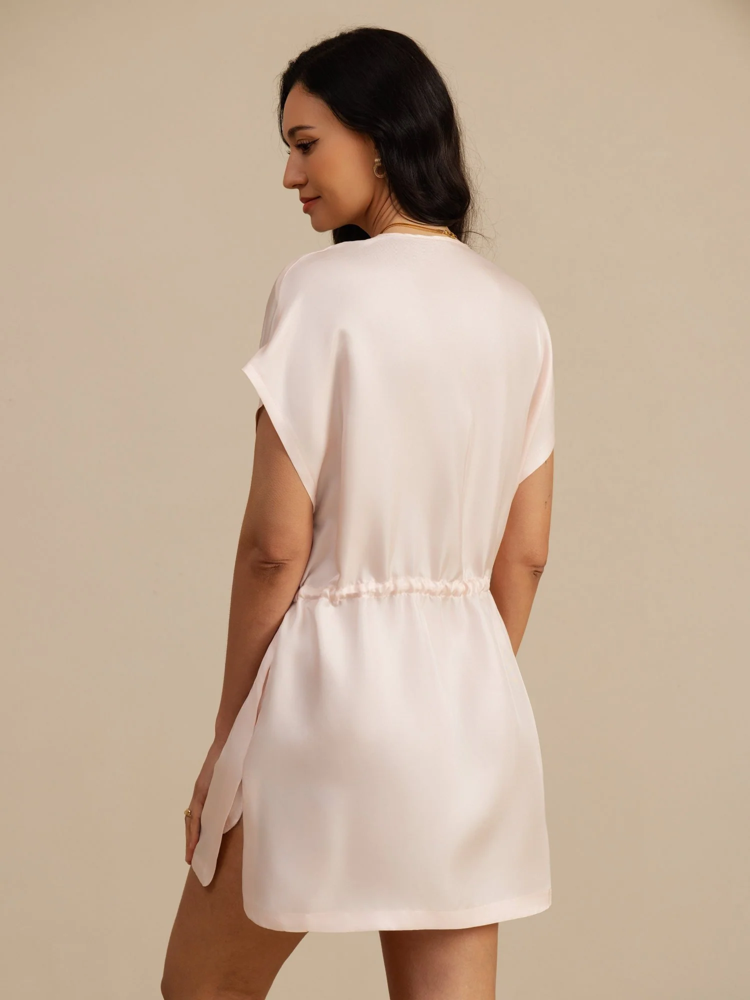 Seda Pura Cuello Henley Manga Corta Vestido Corto Con Cordón - Image 23