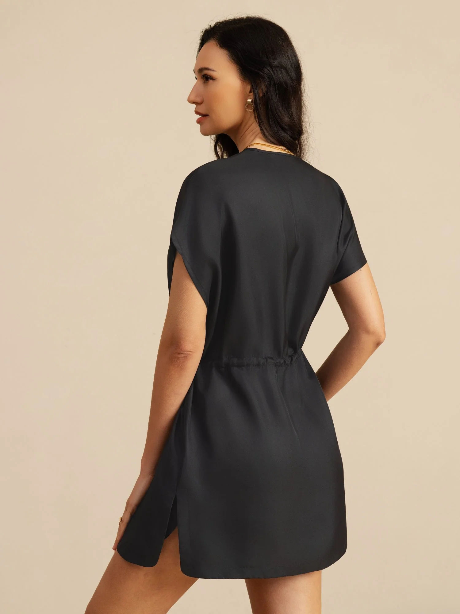 Seda Pura Cuello Henley Manga Corta Vestido Corto Con Cordón - Image 9
