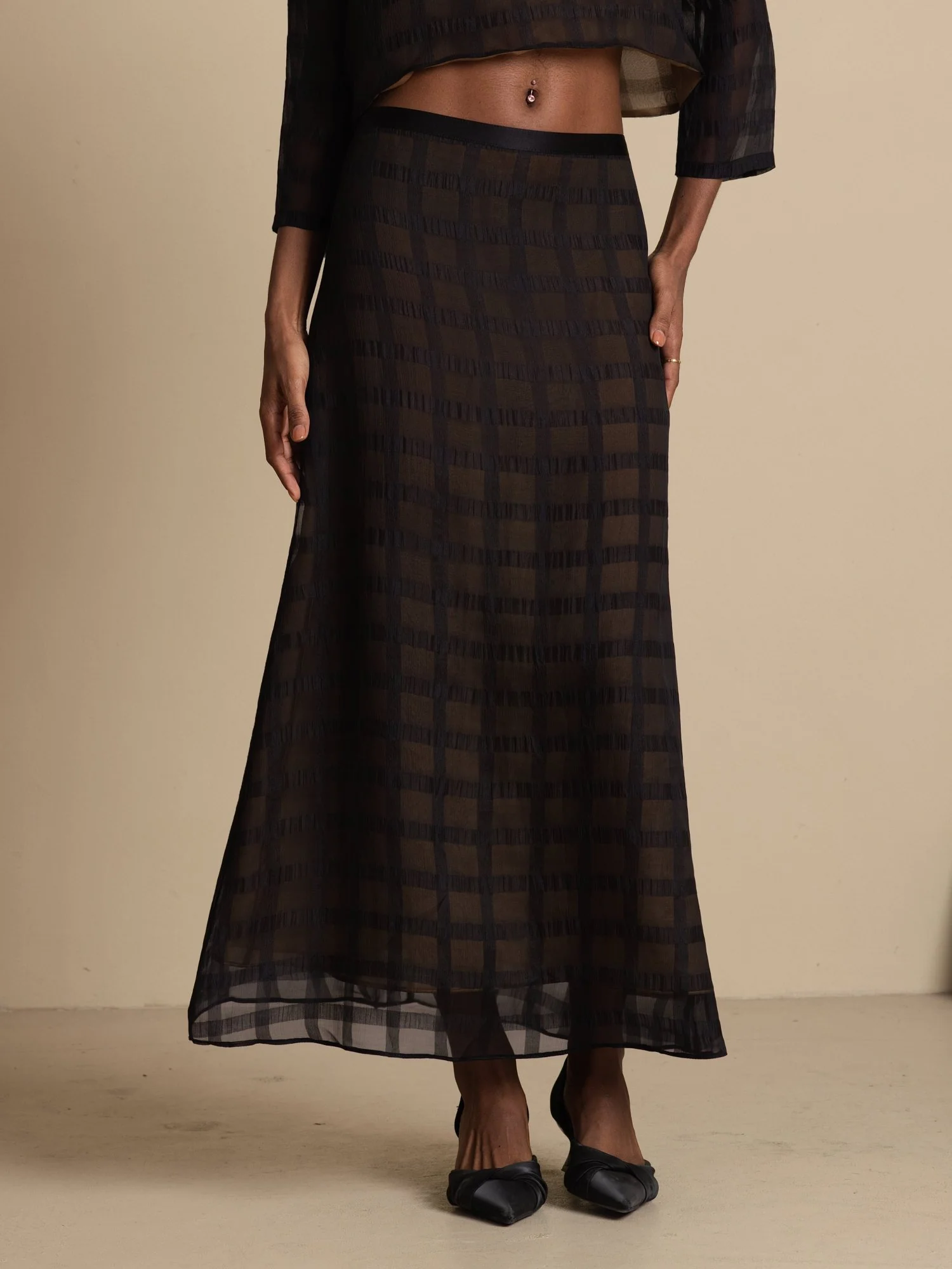 Pura Seda High-Waist A-Line Textura Cuadricula Falda Larga Con Cremallera Trasera - Image 3