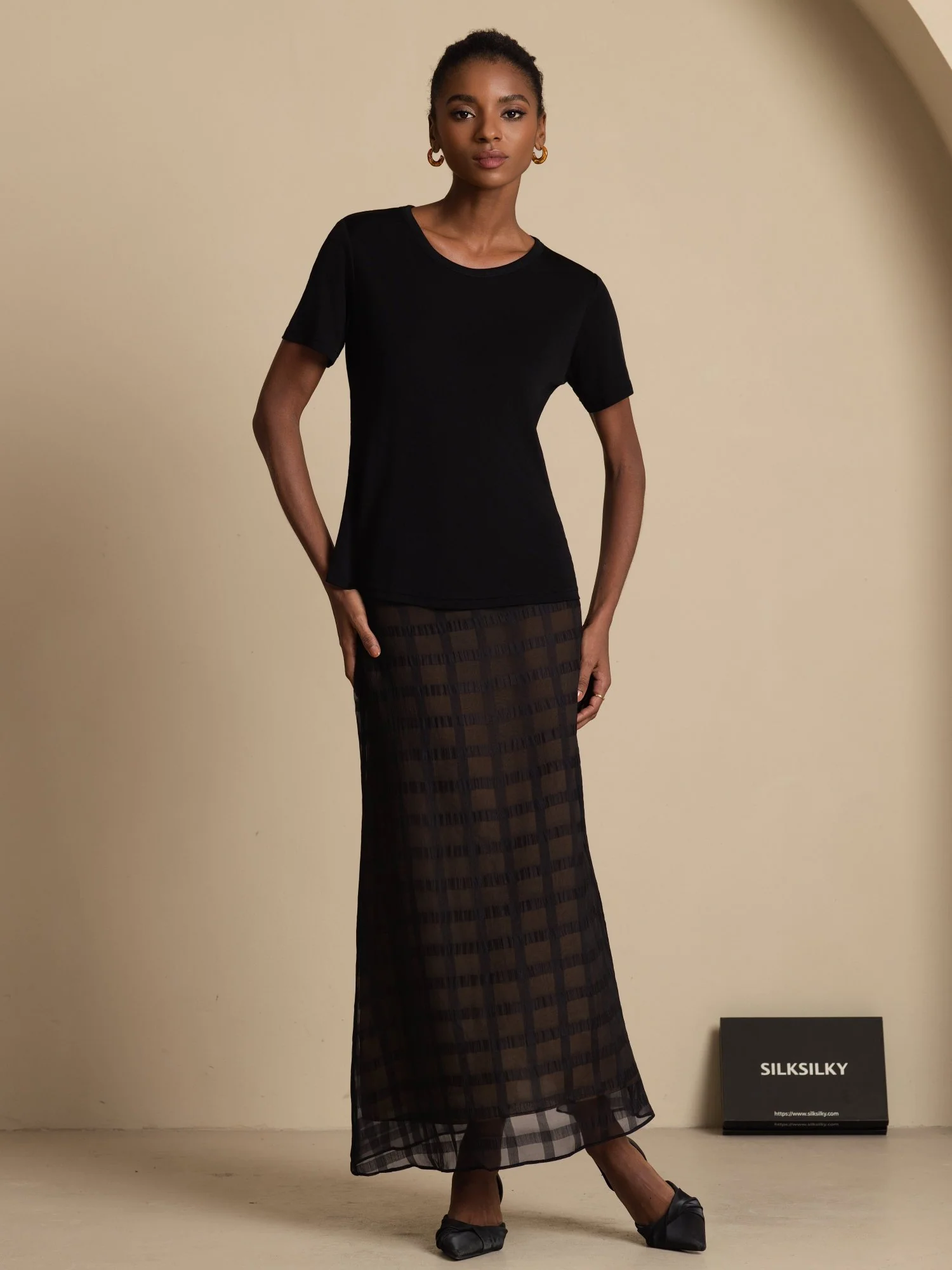 Pura Seda High-Waist A-Line Textura Cuadricula Falda Larga Con Cremallera Trasera - Image 5