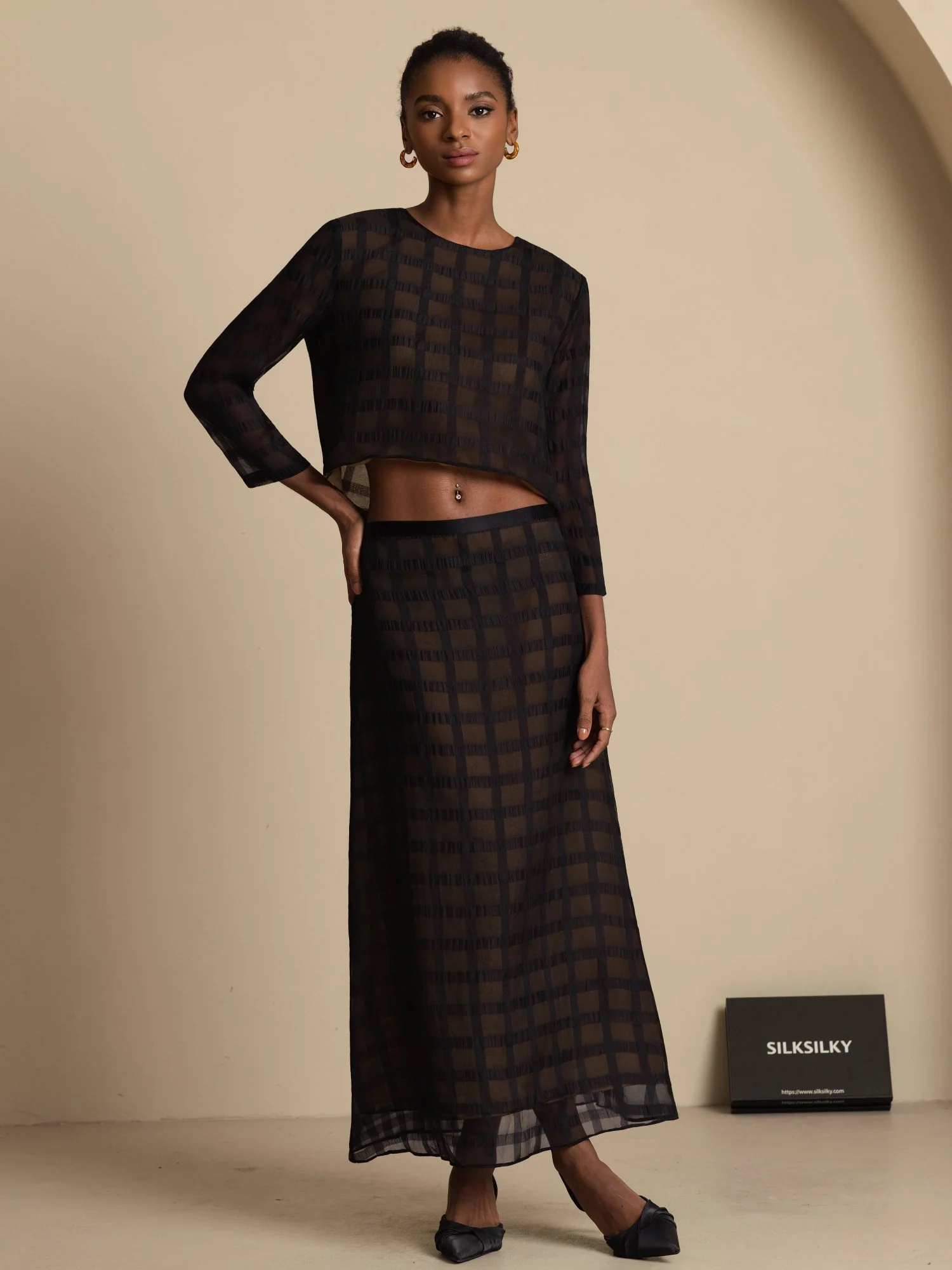 Pura Seda High-Waist A-Line Textura Cuadricula Falda Larga Con Cremallera Trasera - Image 6