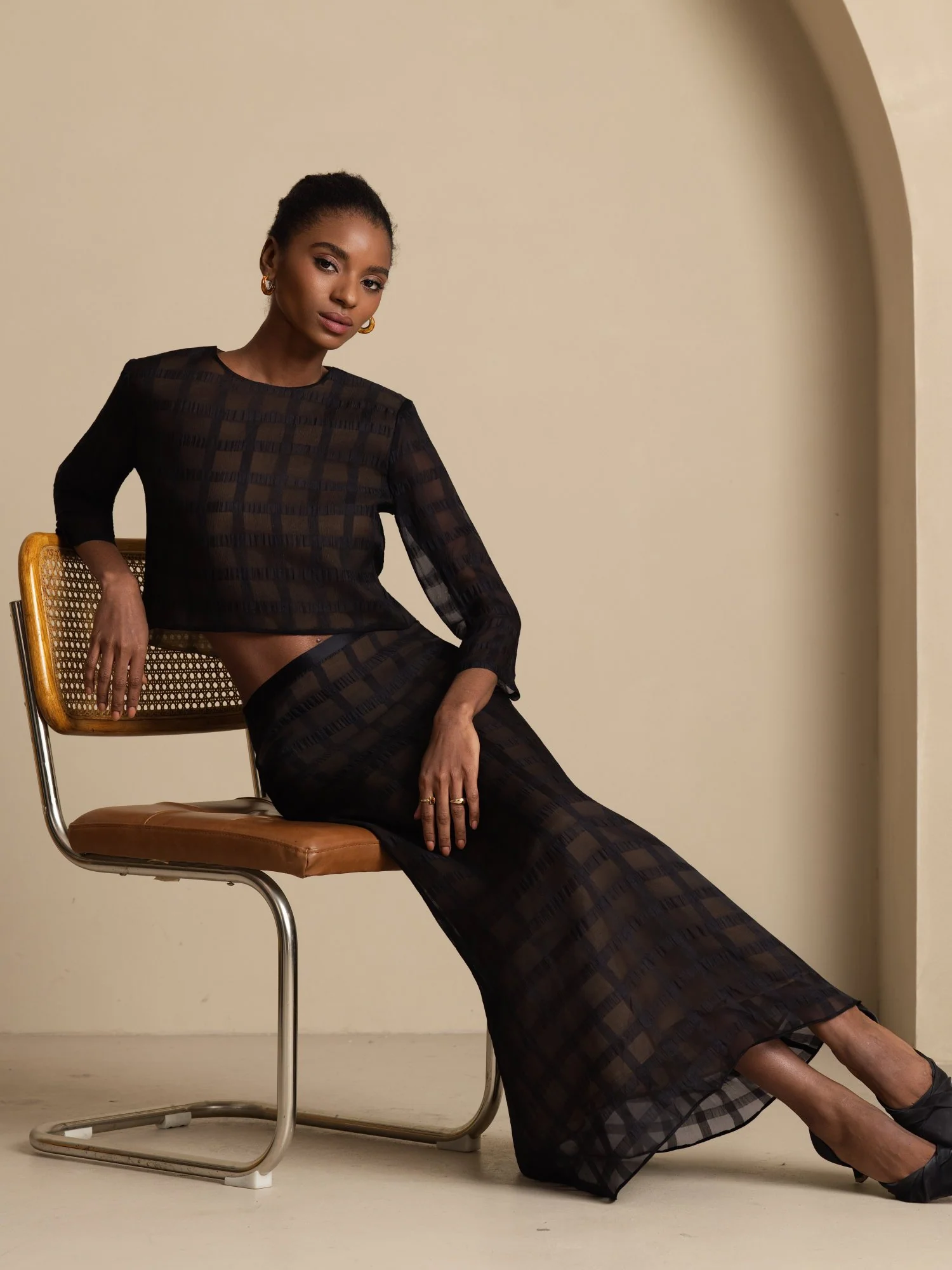 Pura Seda High-Waist A-Line Textura Cuadricula Falda Larga Con Cremallera Trasera - Image 7