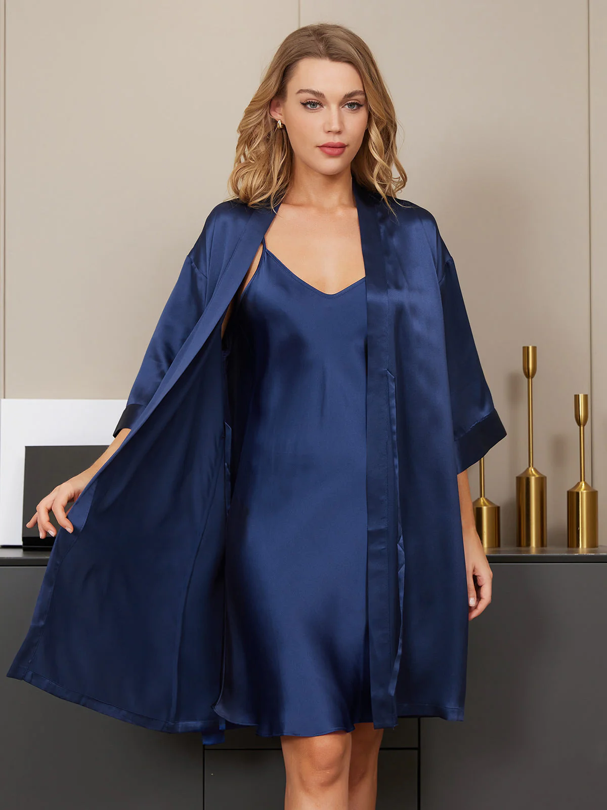 Kimono De Seda Bata Con Escote En V Camisón - Image 10