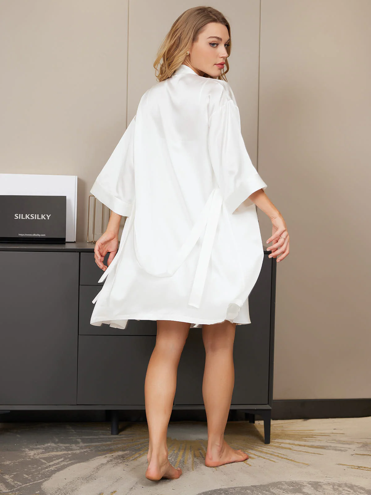 Kimono De Seda Bata Con Escote En V Camisón - Image 12