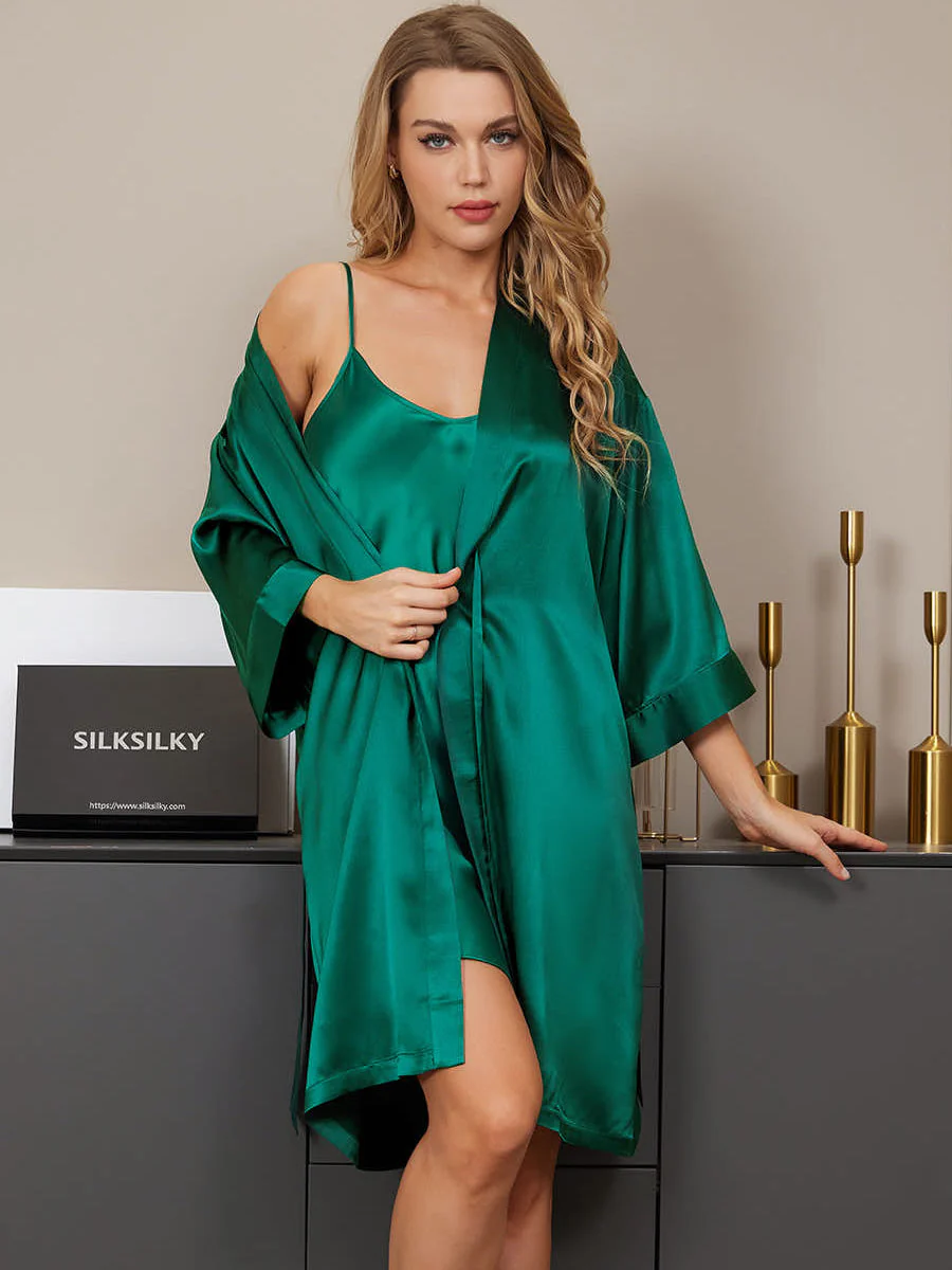 Kimono De Seda Bata Con Escote En V Camisón - Image 16