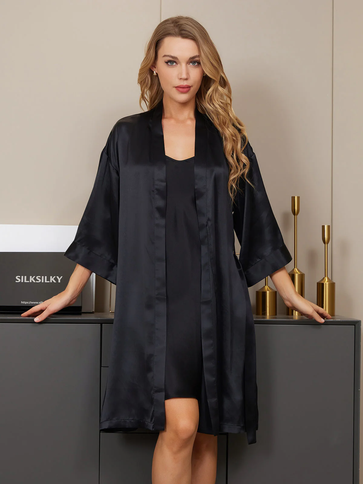 Kimono De Seda Bata Con Escote En V Camisón - Image 25