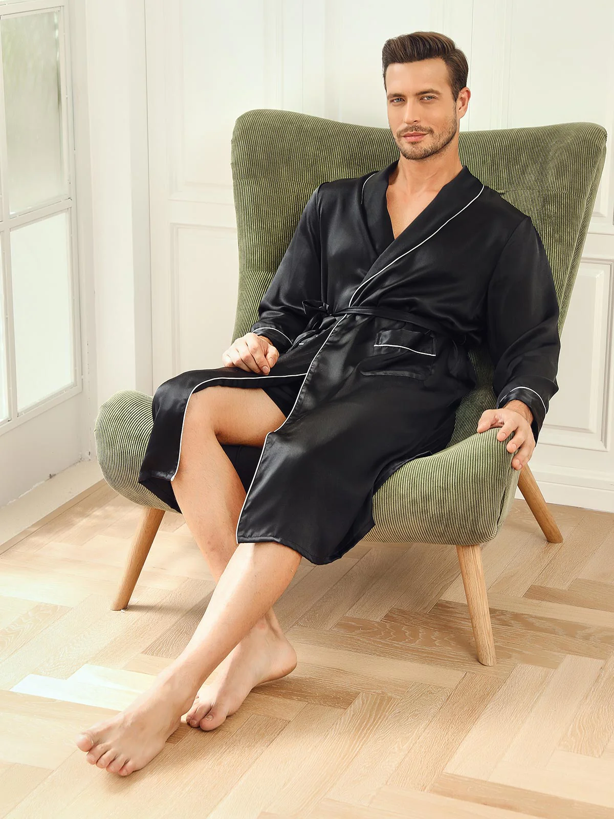 Batas de Seda Pura con Cuello de Solapa y Cinturón (Sin Pantalones) - Image 6