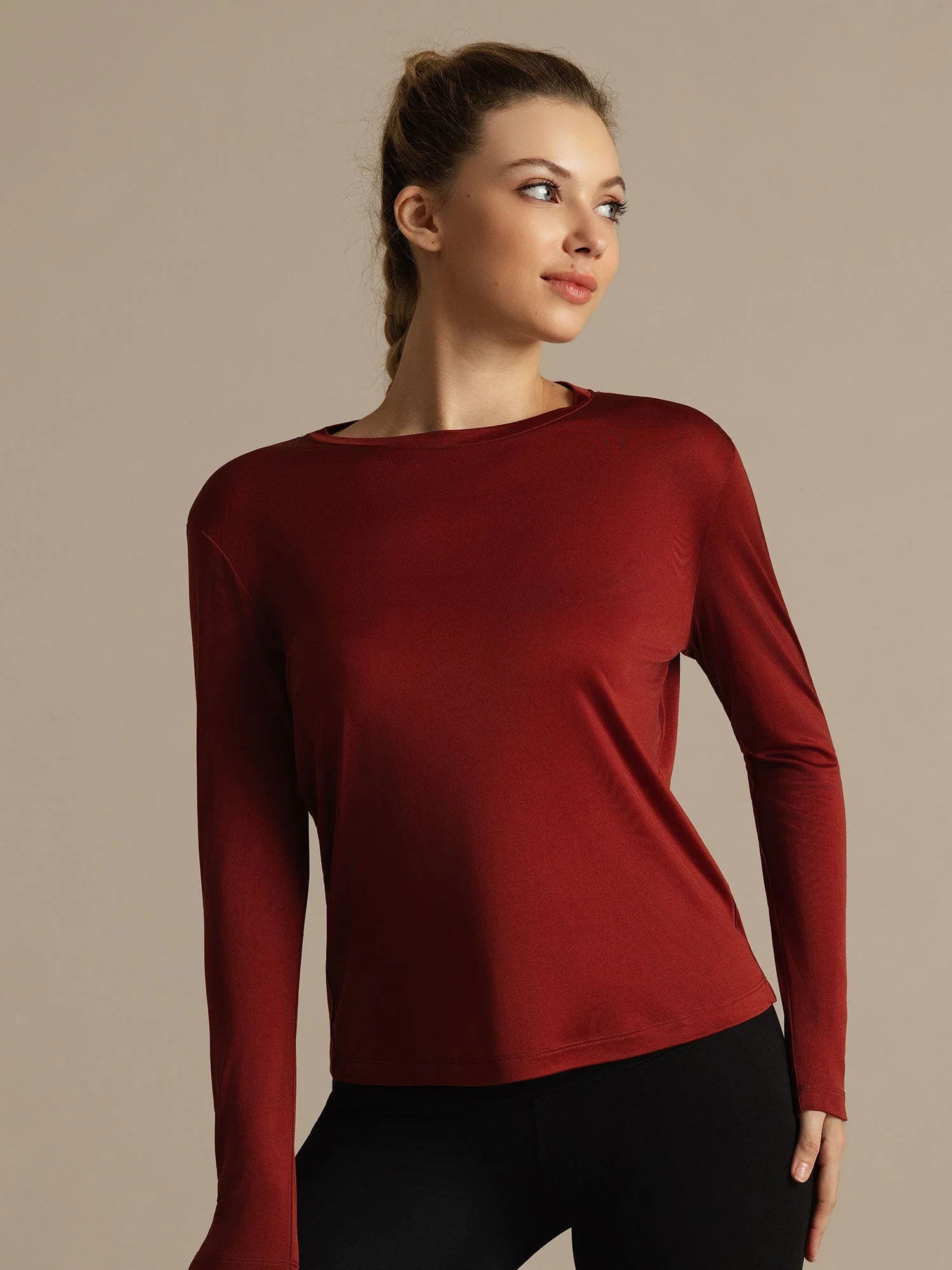 Camiseta Deportiva de Manga Larga con Cuello Redondo de Seda Pura para Mujer - Image 29