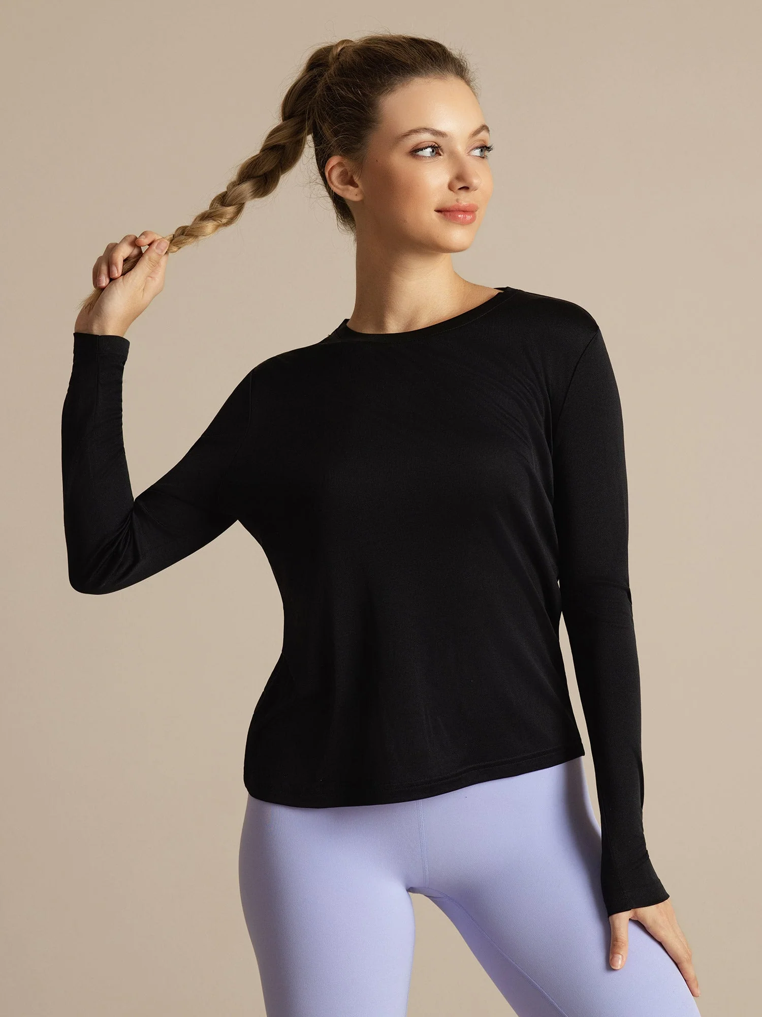 Camiseta Deportiva de Manga Larga con Cuello Redondo de Seda Pura para Mujer - Image 3