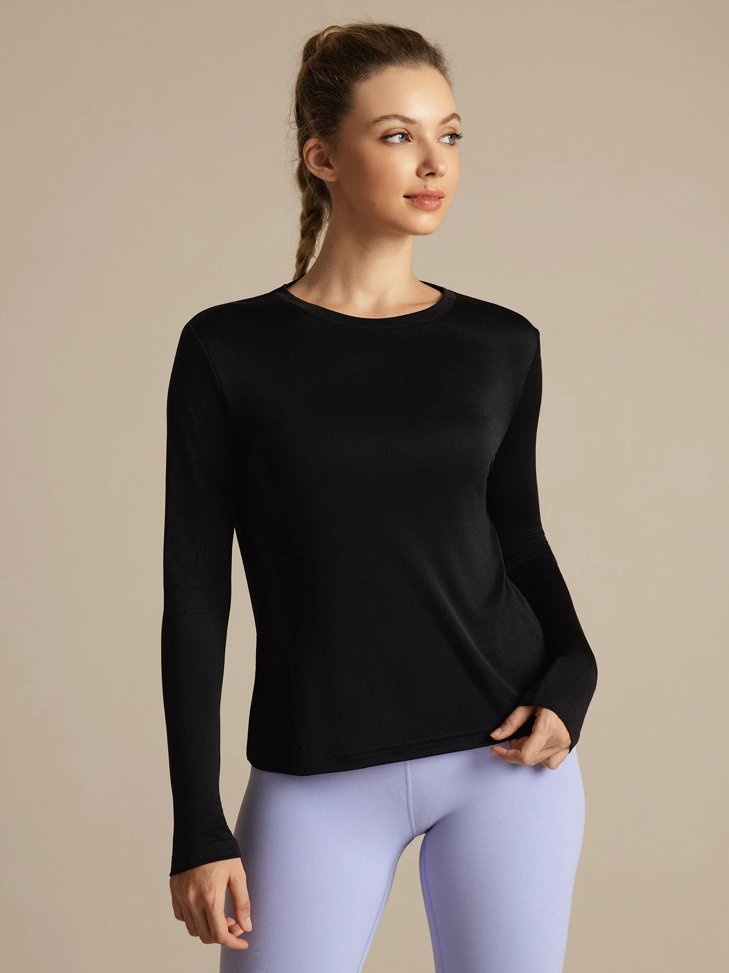 Camiseta Deportiva de Manga Larga con Cuello Redondo de Seda Pura para Mujer - Image 4