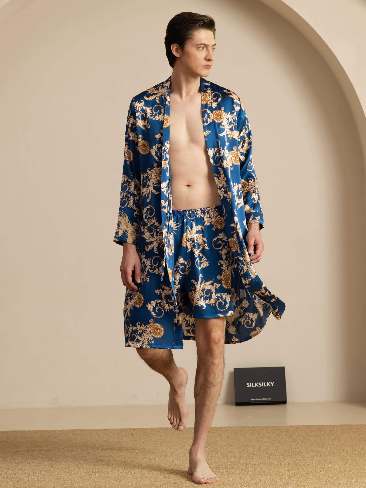 Seda Pura Hombre Largo Hasta La Rodilla Bata Patrón De Dragón Y Pantalones Cortos De Dormir Conjunto - Image 8